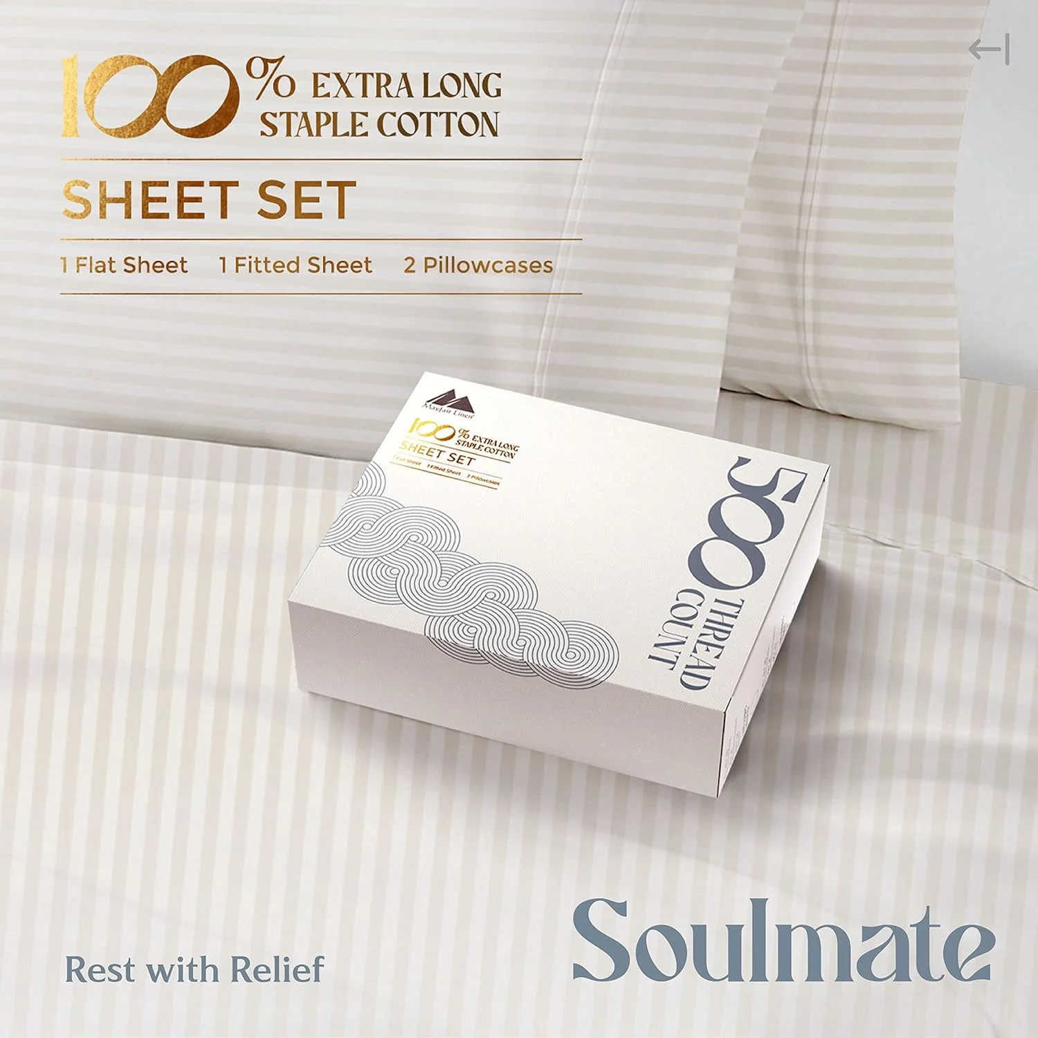 ست ملحفه راه راه 500 نخ از جنس پنبه مصری 100% - ملحفه کالیفرنیا کینگ از جنس پنبه الیاف بلند بژ، مناسب برای تشک تا عمق 16 اینچ، ملحفه با بافت ساتن نرم و ابریشمی