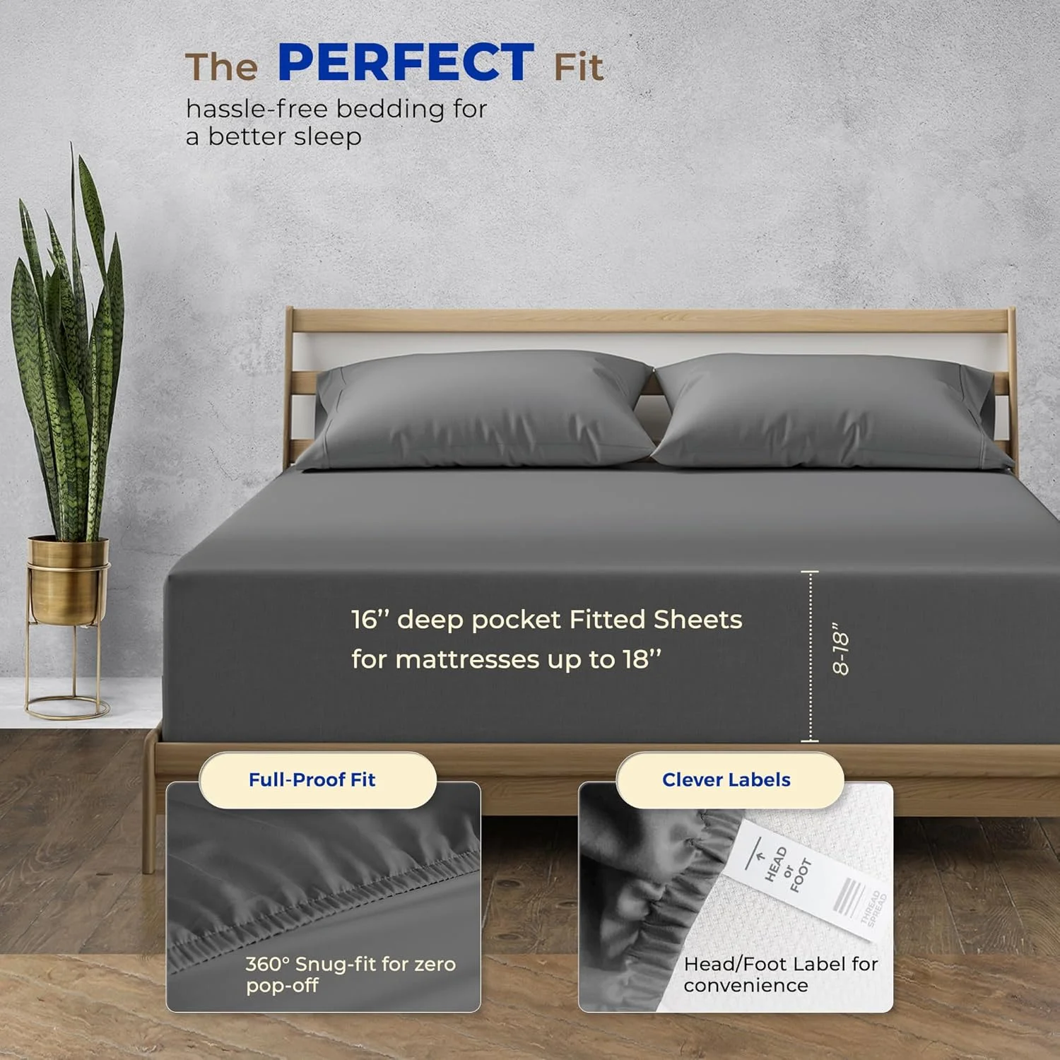 ملحفه کش‌دار کینگ پنبه مصری لوکس با تراکم 1000، ملحفه کش‌دار کینگ با جیب عمیق 16 اینچی، نرم، خنک، بافت ساتن، ملحفه کش‌دار کینگ سایز با الیاف بلند - خاکستری تیره