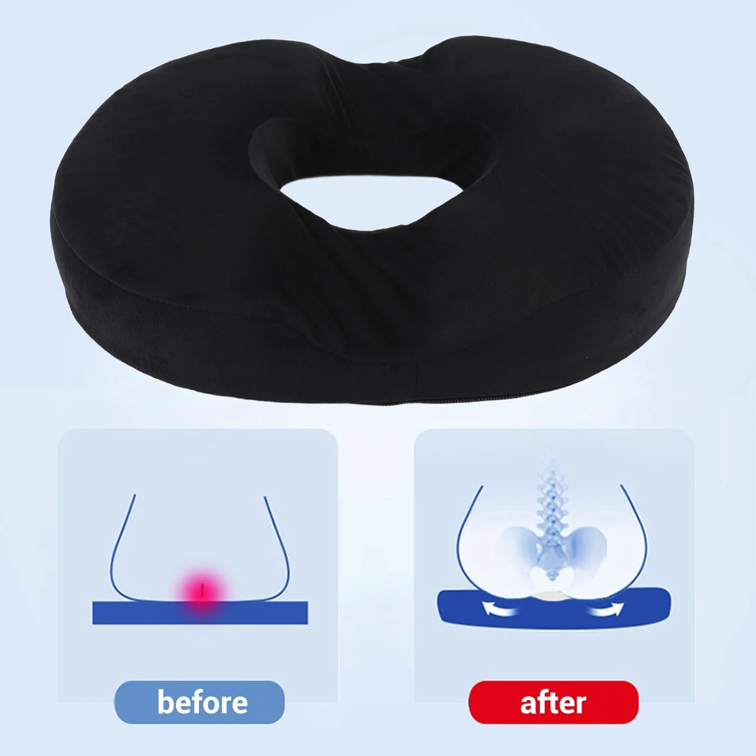 بالشتک دوناتی فوم حافظه‌دار، پد صندلی توخالی ارگونومیک با طراحی تنفسی، پد صندلی دوناتی برای خانه و استفاده، مشکی