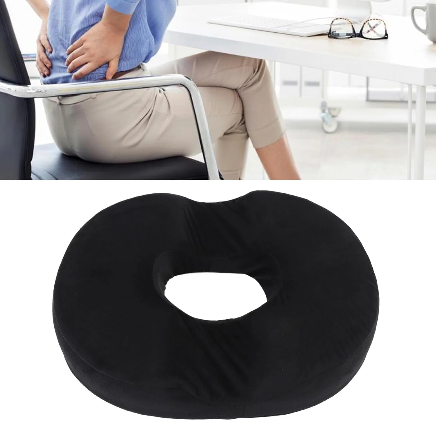 بالشتک دوناتی فوم حافظه‌دار، پد صندلی توخالی ارگونومیک با طراحی تنفسی، پد صندلی دوناتی برای خانه و استفاده، مشکی