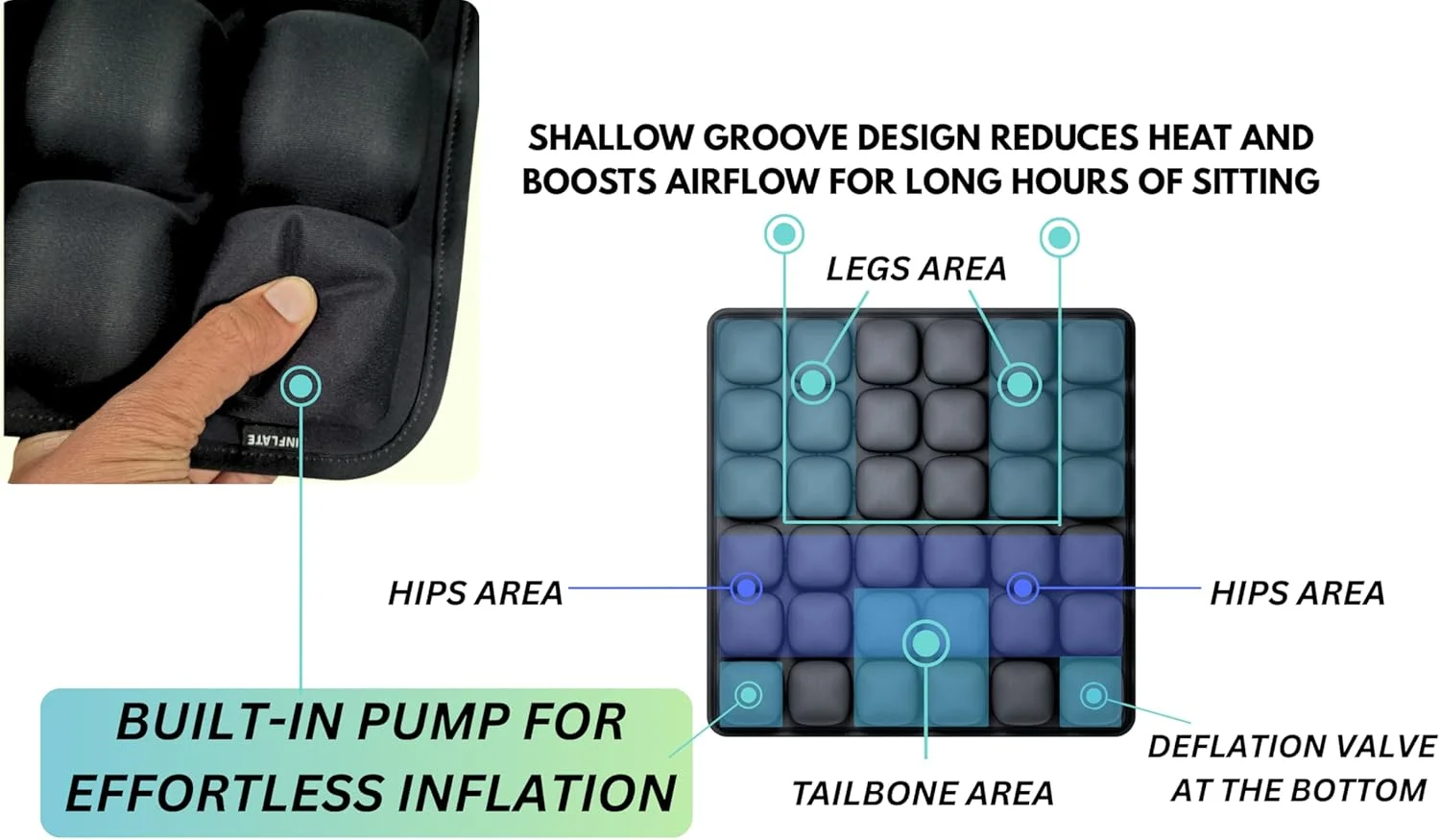 بالشتک صندلی بادی 36 سلولی با پمپ داخلی - سفتی قابل تنظیم 50-100% - خنک کننده تنفسی 360 درجه - TPU+اسپندکس، پایه ضد لغزش - بالشتک مسافرتی و اداری قابل حمل 42×42×4 بالشتک صندلی بادی 36 سلولی با پمپ داخلی - سفتی قابل تنظیم 50-100% - خنک کننده تنفسی 360 درجه - TPU+اسپندکس، پایه ضد لغزش - بالشتک مسافرتی و اداری قابل حمل 42×42×4