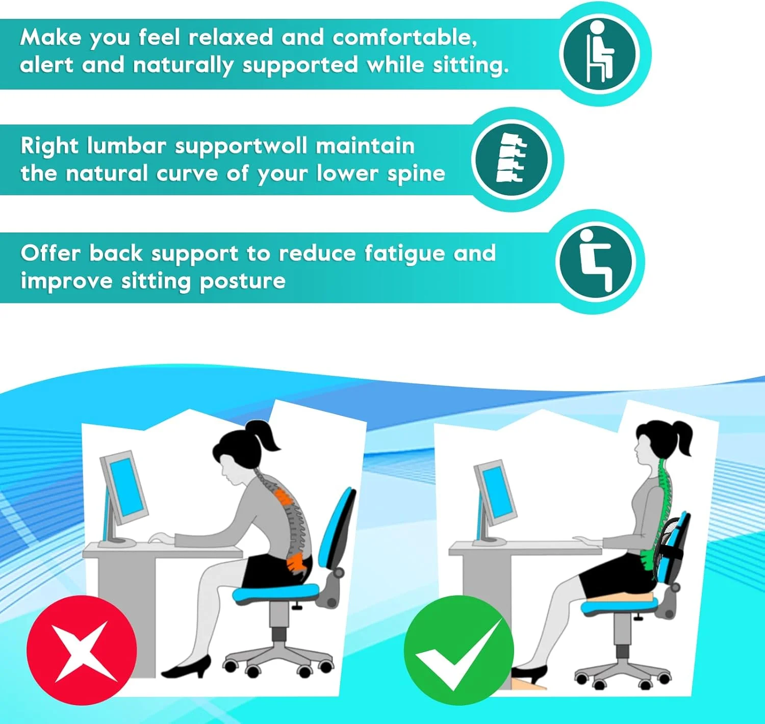 پشتی توری، پشتیبانی کمری توری با جریان هوا و بند الاستیک برای صندلی اداری خانگی و تسکین درد کمر در صندلی ماشین