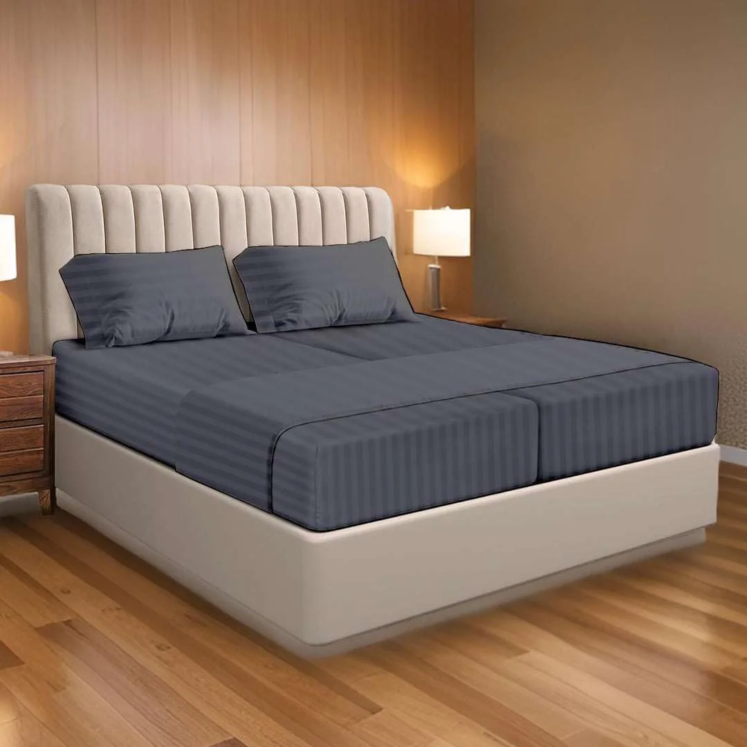 ست ملحفه کویین دوتکه برای تخت خواب قابل تنظیم - ست ملحفه 5 تکه - 100% پنبه مصری - 400 نخ - مناسب برای تشک تا عمق 16 اینچ - فوق العاده نرم - طراحی شده برای تشک های کویین دوتکه - راه راه خاکستری سنگی