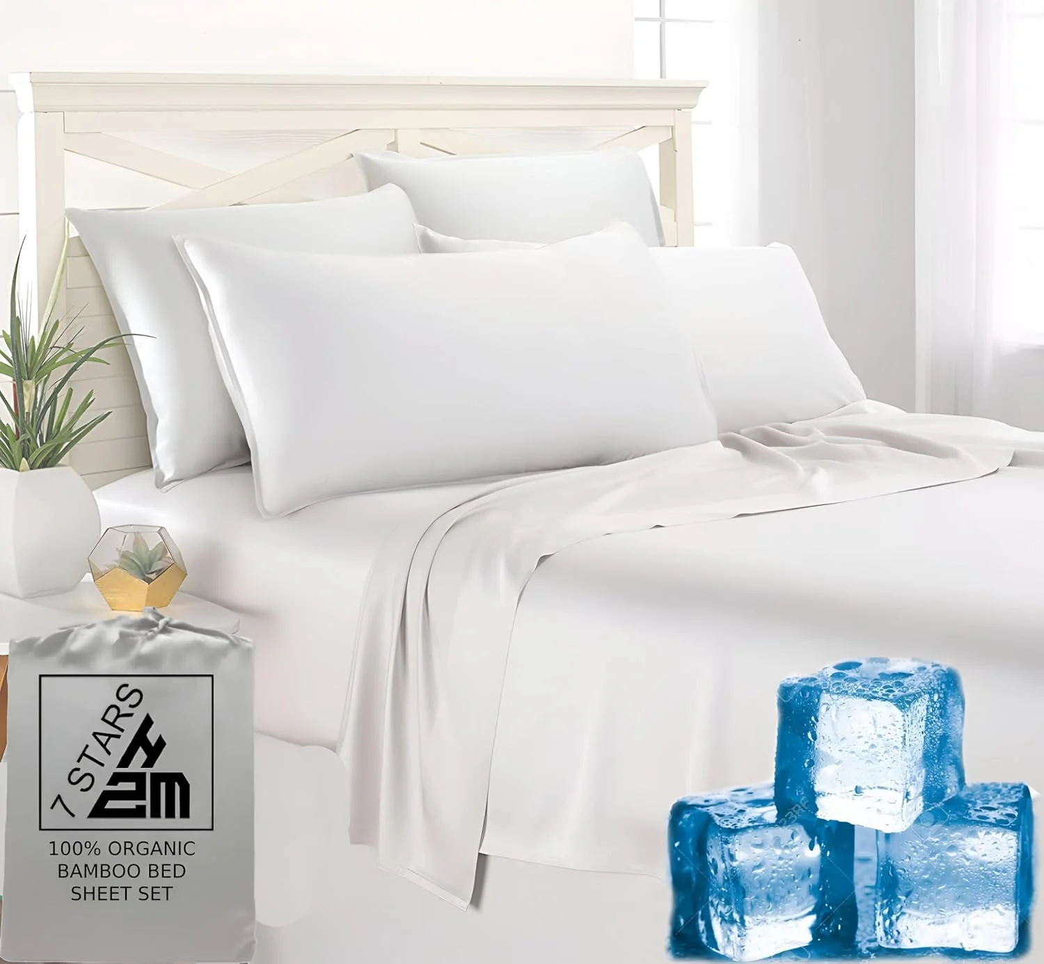ست ملحفه تخت بامبو سایز کینگ 180x200 با تراکم بافت 400، خنک، ضد حساسیت، نرم و ابریشمی شامل 1 ملحفه کش‌دار، 1 ملحفه تخت، 2 روبالشی - سفید