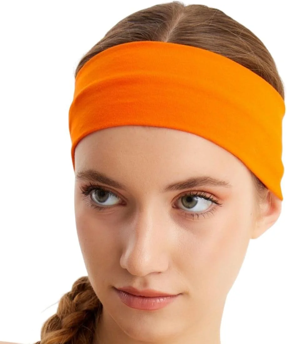 هدبند زنانه رنگ ثابت ضد لغزش برای یوگا، هدبندهای اسپرت فشن برای موهای زنانه، هدبندهای کشی پارچه نخی نرم برای ورزش، تناسب اندام و دویدن (نارنجی، یک سایز)