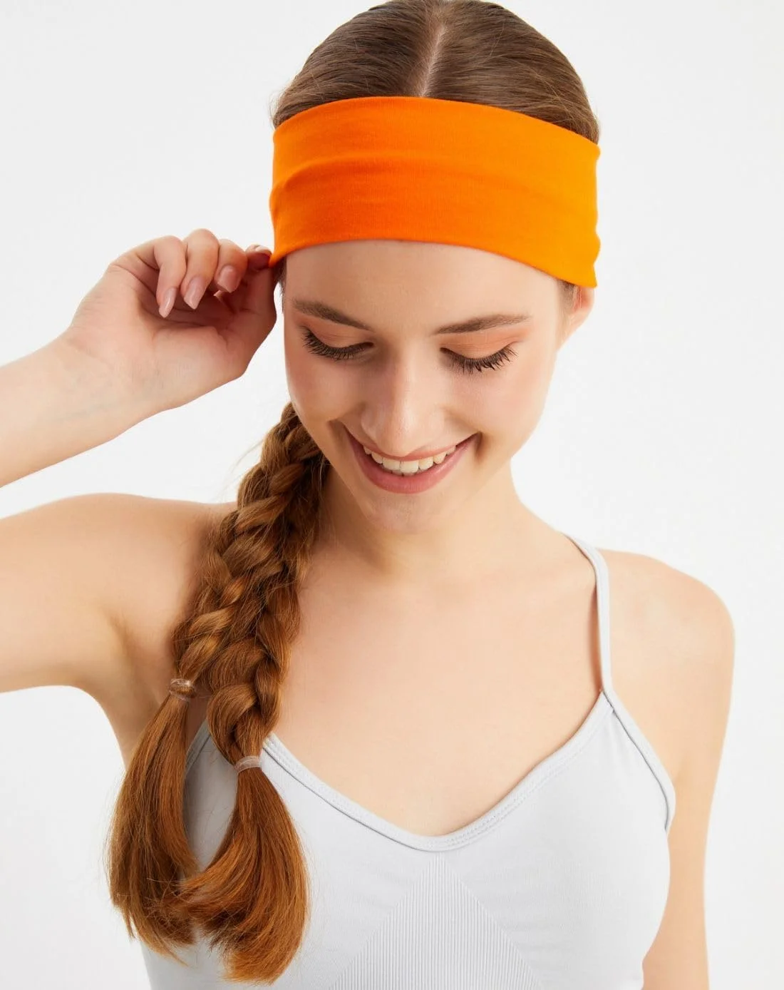 هدبند زنانه رنگ ثابت ضد لغزش برای یوگا، هدبندهای اسپرت فشن برای موهای زنانه، هدبندهای کشی پارچه نخی نرم برای ورزش، تناسب اندام و دویدن (نارنجی، یک سایز)