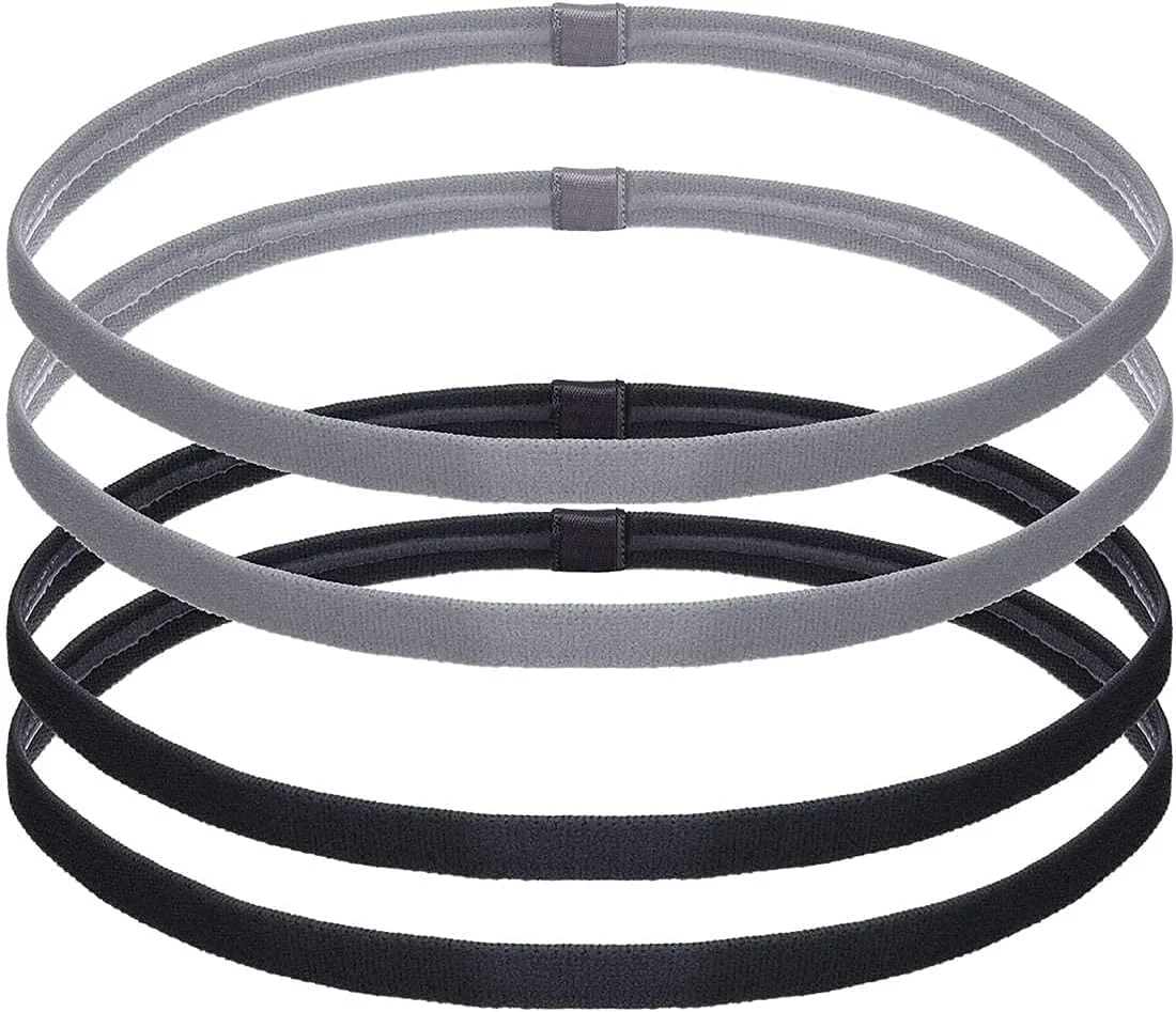 4 عدد کش موی ورزشی نازک و الاستیک، کش موی ورزشی ضد لغزش برای زنان و مردان، کش موی باریک ورزشی ضد لغزش برای زنان، مردان، پسران، دختران و کودکان (مشکی، خاکستری)