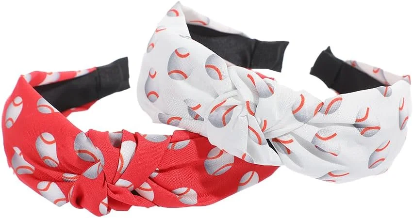 هدبند گره دار پهن طرح بیسبال، 2 عددی، قرمز و سفید، اکسسوری مو برای طرفداران ورزش