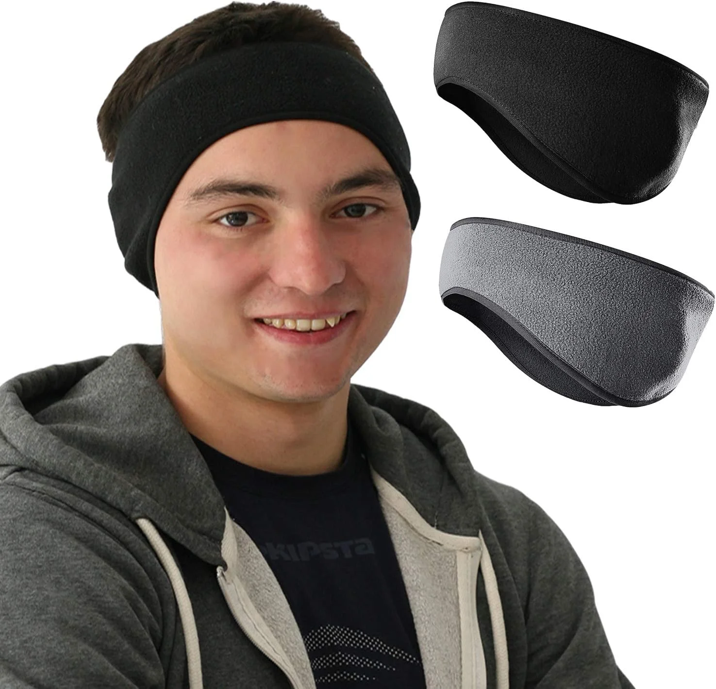 هدبند گرم کننده گوش پلار برای آقایان و بانوان (2 عددی)، گرم نگهدارنده و راحت برای استفاده روزانه، ورزش، دویدن، اسکی و غیره (مشکی-خاکستری)