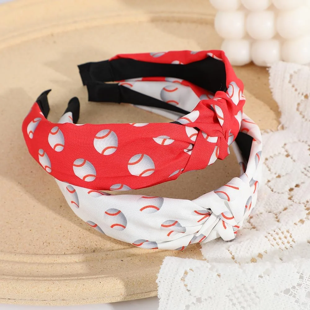 هدبند گره دار پهن طرح بیسبال، 2 عددی، قرمز و سفید، اکسسوری مو برای طرفداران ورزش