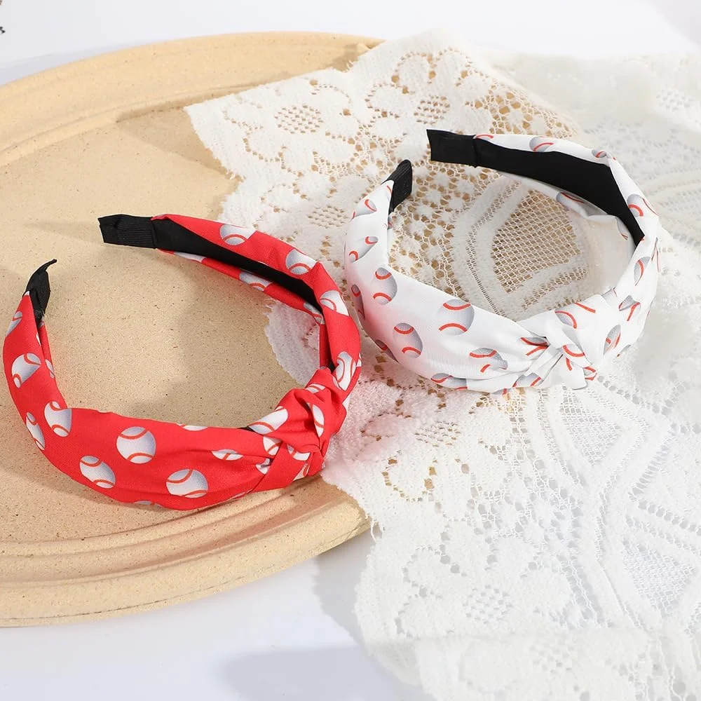 هدبند گره دار پهن طرح بیسبال، 2 عددی، قرمز و سفید، اکسسوری مو برای طرفداران ورزش