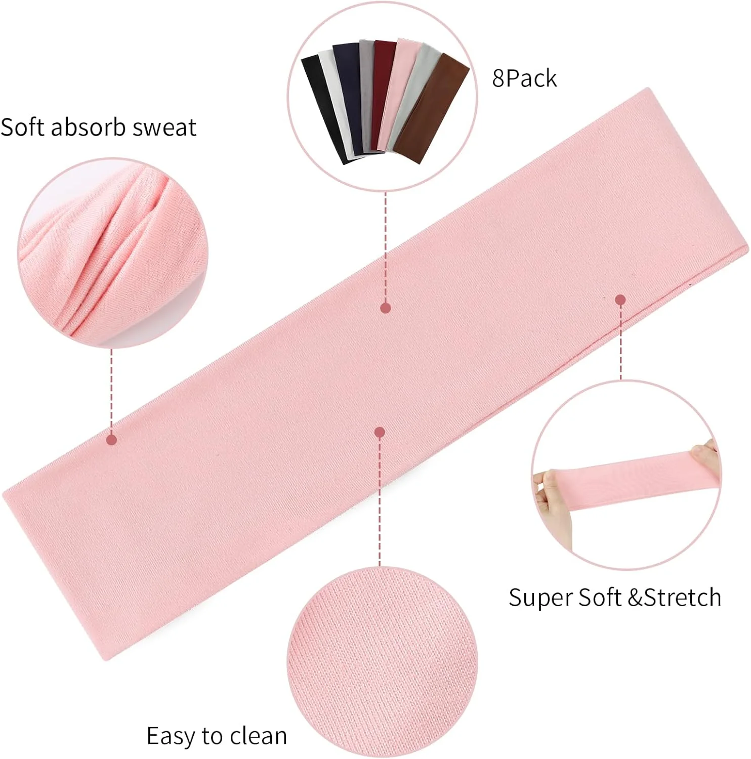 بسته 8 عددی هدبند ورزشی زنانه، پارچه نرم و کشسان، نوار موی ضد لغزش برای تمرین روزانه، یوگا، دویدن و ورزش