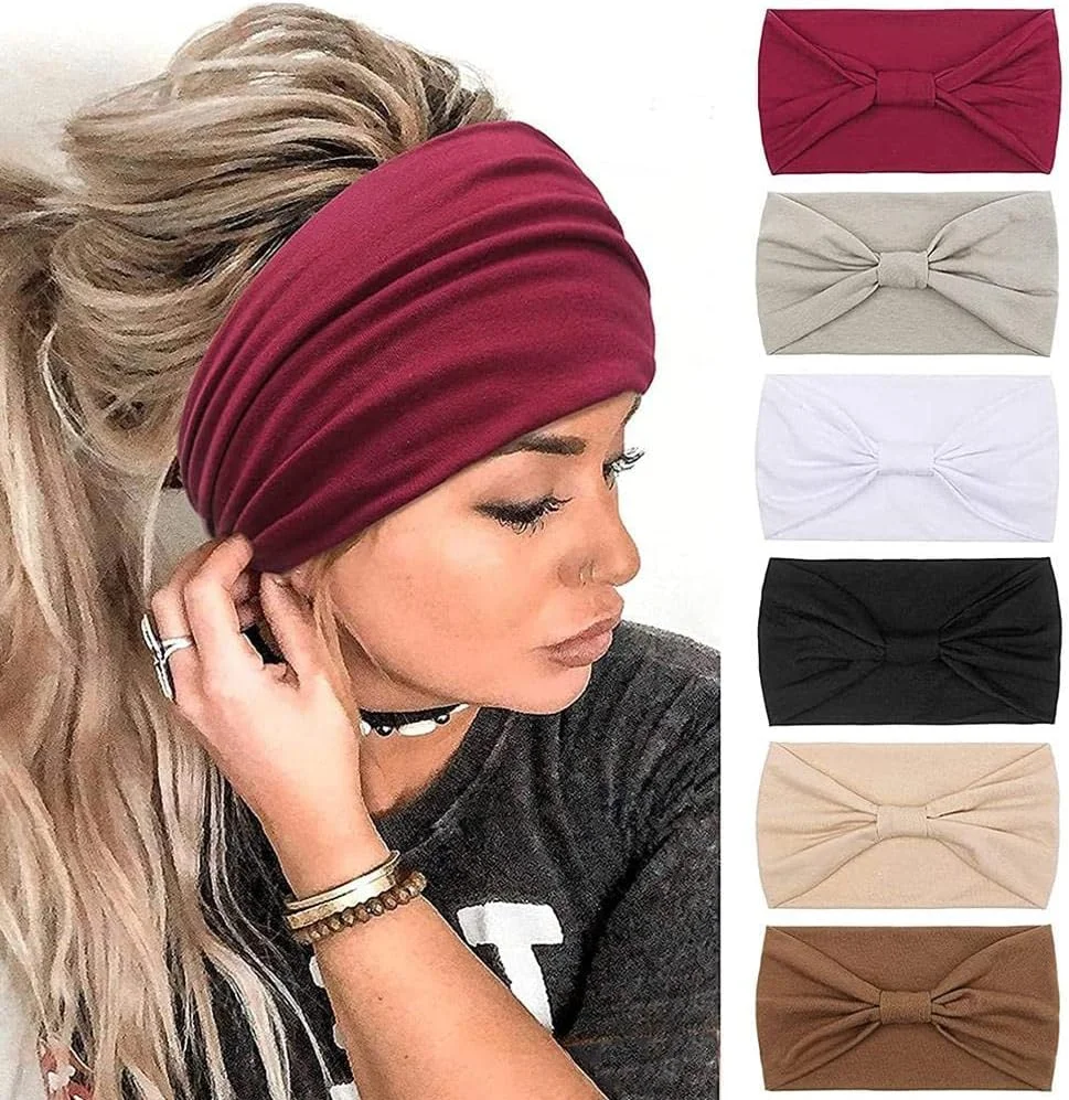 گودرن 6 عدد هدبند بوهو برای زنان، هدبندهای پهن لبه دار الاستیک و تنفسی غیر لغزنده، رنگ ثابت، مناسب آرایش، ورزش، یوگا، تزئینی برای دختران - A