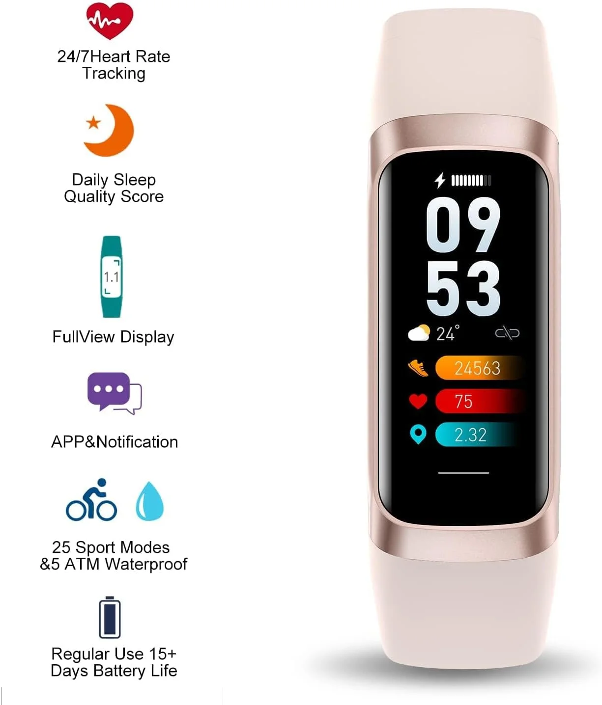 ردیاب تناسب اندام با صفحه نمایش رنگی 1.1 اینچی، ساعت هوشمند، پایش ضربان قلب 24/7، ردیابی داخلی و خارجی، پایش خواب، ضد آب تا 5ATM، گام شمار برای زنان و مردان (سفید عاجی)