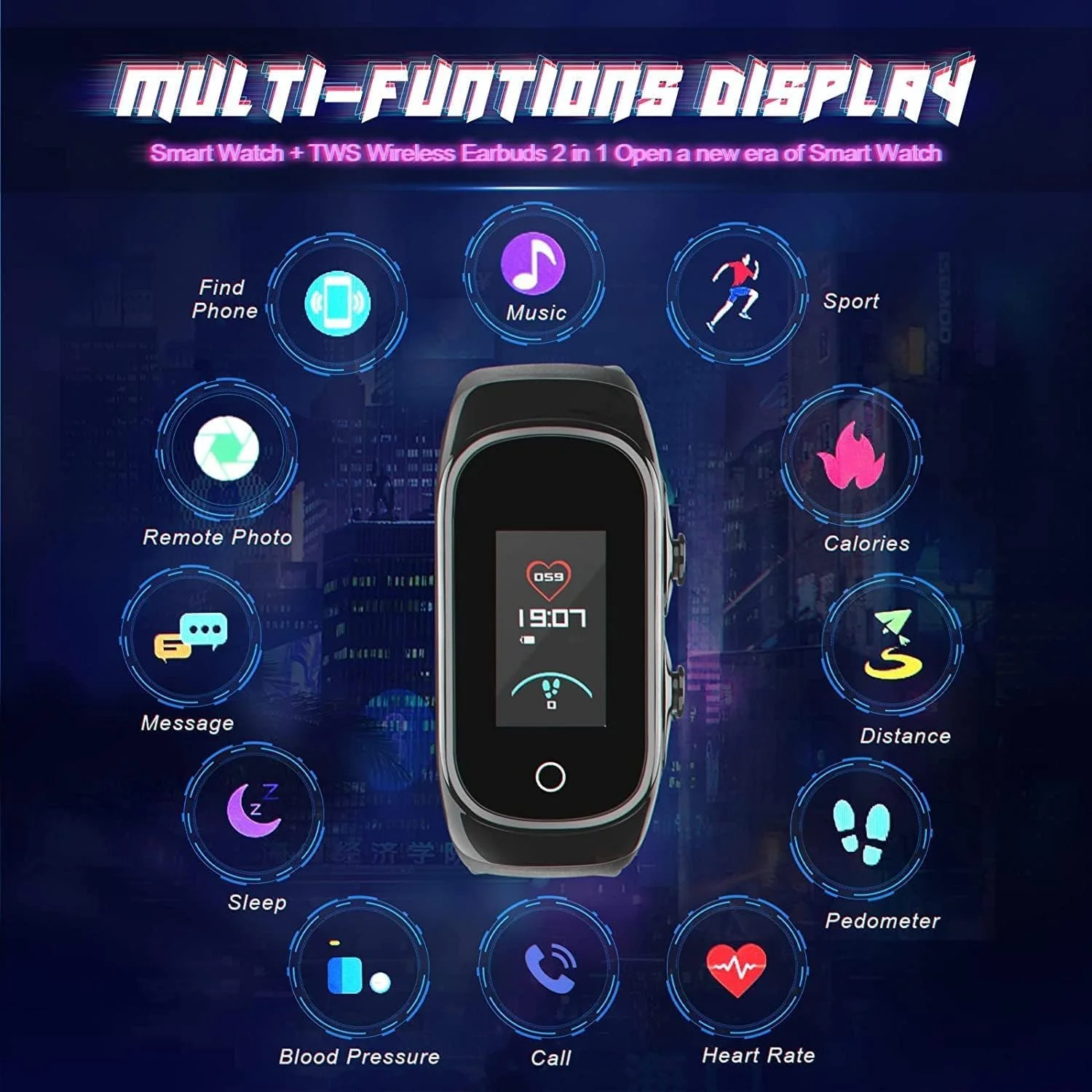 ساعت هوشمند با هدفون بلوتوثی برای آقایان و بانوان، ردیاب تناسب اندام با اعلان تماس و پیام، ردیاب خواب و شمارشگر کالری (مشکی)