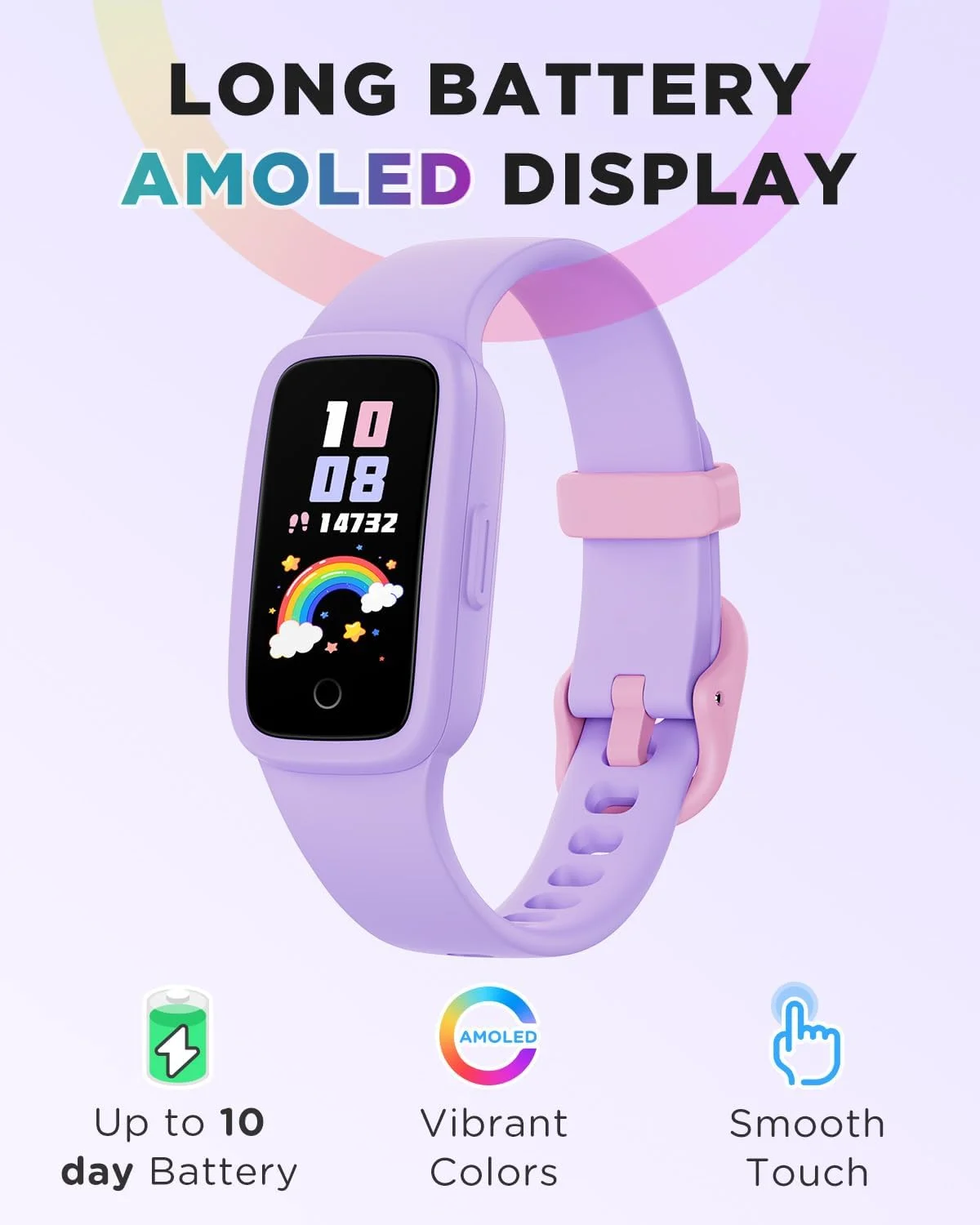 ساعت ردیاب تناسب اندام کودکان BIGGERFIVE Vigor 3، صفحه نمایش AMOLED، بدون نیاز به برنامه یا تلفن، ضد آب 3ATM، مانیتور ضربان قلب و خواب، ساعت گام شمار، شمارنده گام ورزشی برای دختران 5-15 ساله، یاسی