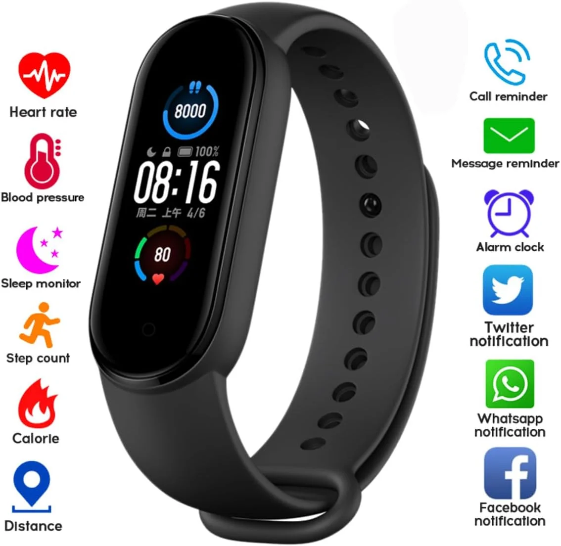 دستبند هوشمند M5، ردیاب تناسب اندام/مانیتور ضربان قلب و فشار خون، مچ بند ضد آب، ردیابی سلامتی، پایش خواب، حالت های چند ورزشی، گام شمار، نسخه جهانی