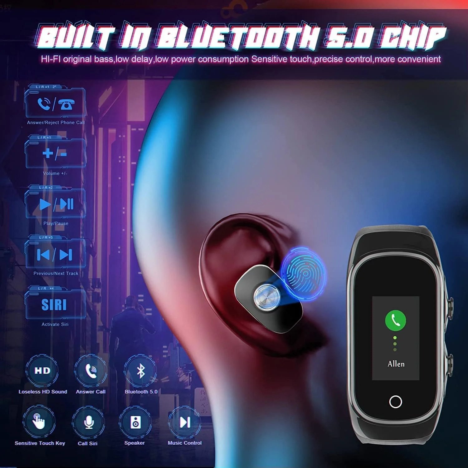 ساعت هوشمند با هدفون بلوتوثی برای آقایان و بانوان، ردیاب تناسب اندام با اعلان تماس و پیام، ردیاب خواب و شمارشگر کالری (مشکی)