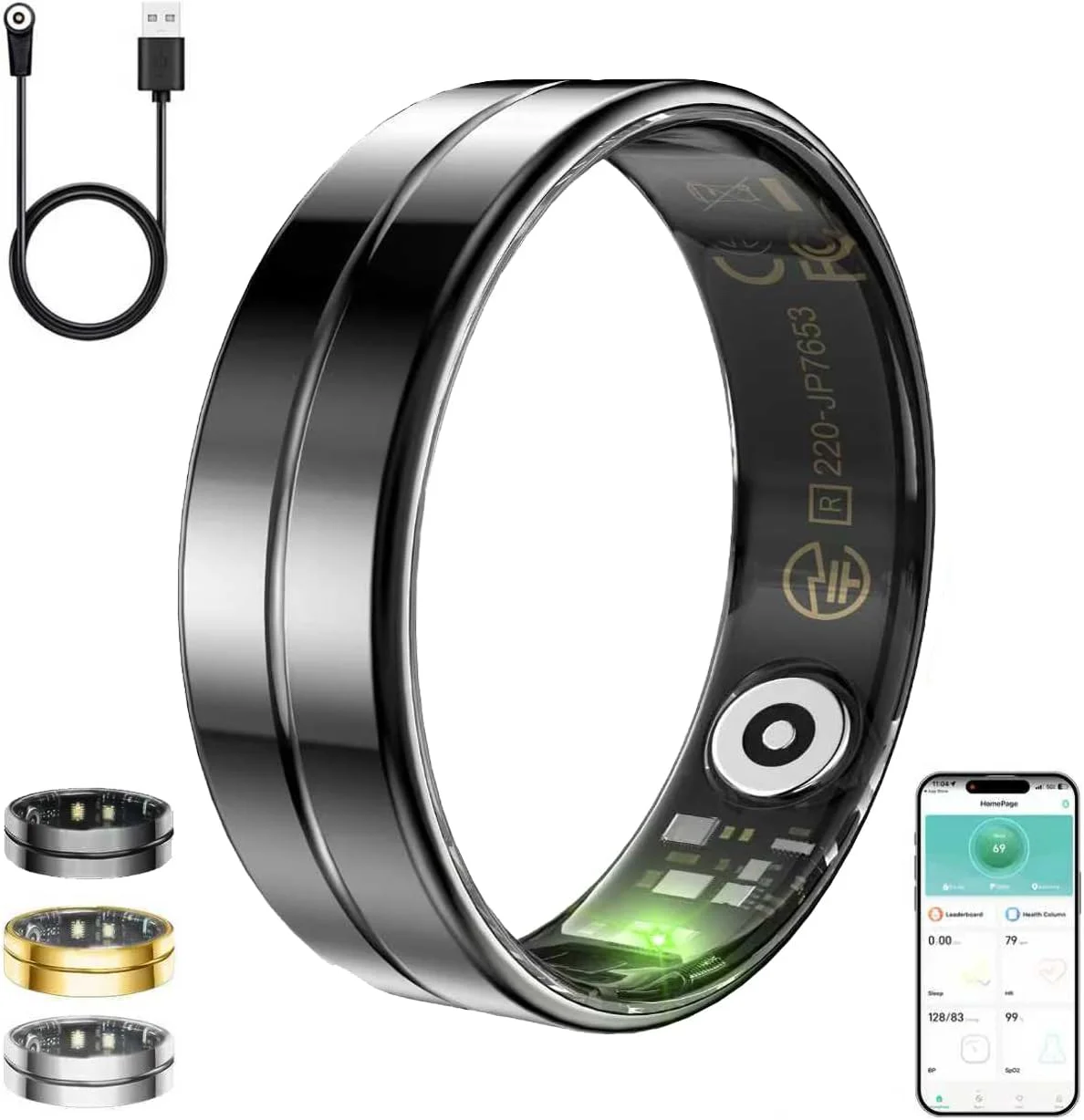 انگشتر هوشمند برای زنان و مردان، ردیاب سلامتی و فعالیت با ضربان قلب، پایش خواب/اکسیژن خون/ردیابی حرکت، ضد آب و بدون نیاز به اشتراک مشکی (9)