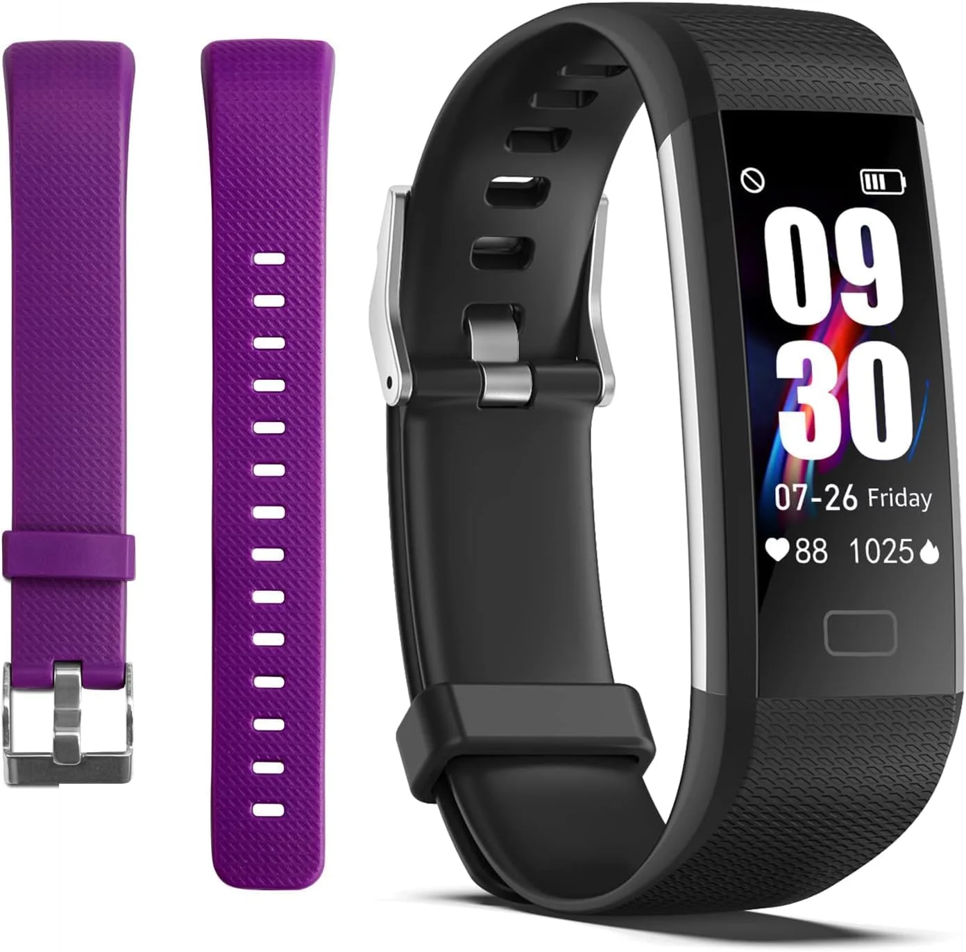 ردیاب تناسب اندام Abazfit با گام شمار/کالری/کرنومتر، IP68، ردیاب سلامتی، پایشگر ضربان قلب/ردیاب خواب/اکسیژن خون/دما، ساعت هوشمند، کنترل دوربین، اعلان‌ها (مشکی+بنفش)