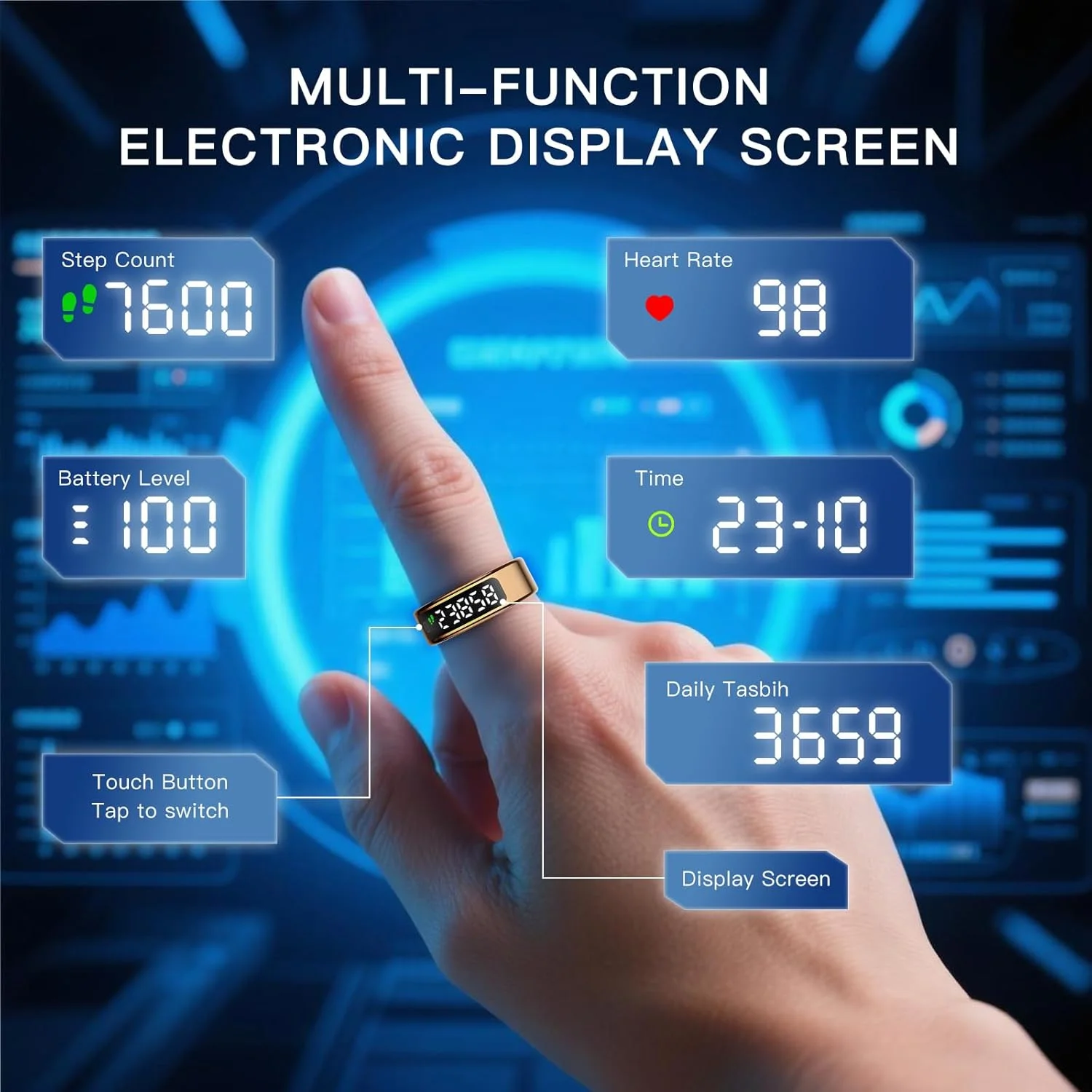 حلقه هوشمند با صفحه نمایش، ردیاب سلامتی و دکمه لمسی، حلقه اتصال بلوتوث، پایشگر ضربان قلب/اکسیژن خون/خواب/فعالیت های ورزشی، ضد آب IP68 (مشکی، سایز 9)
