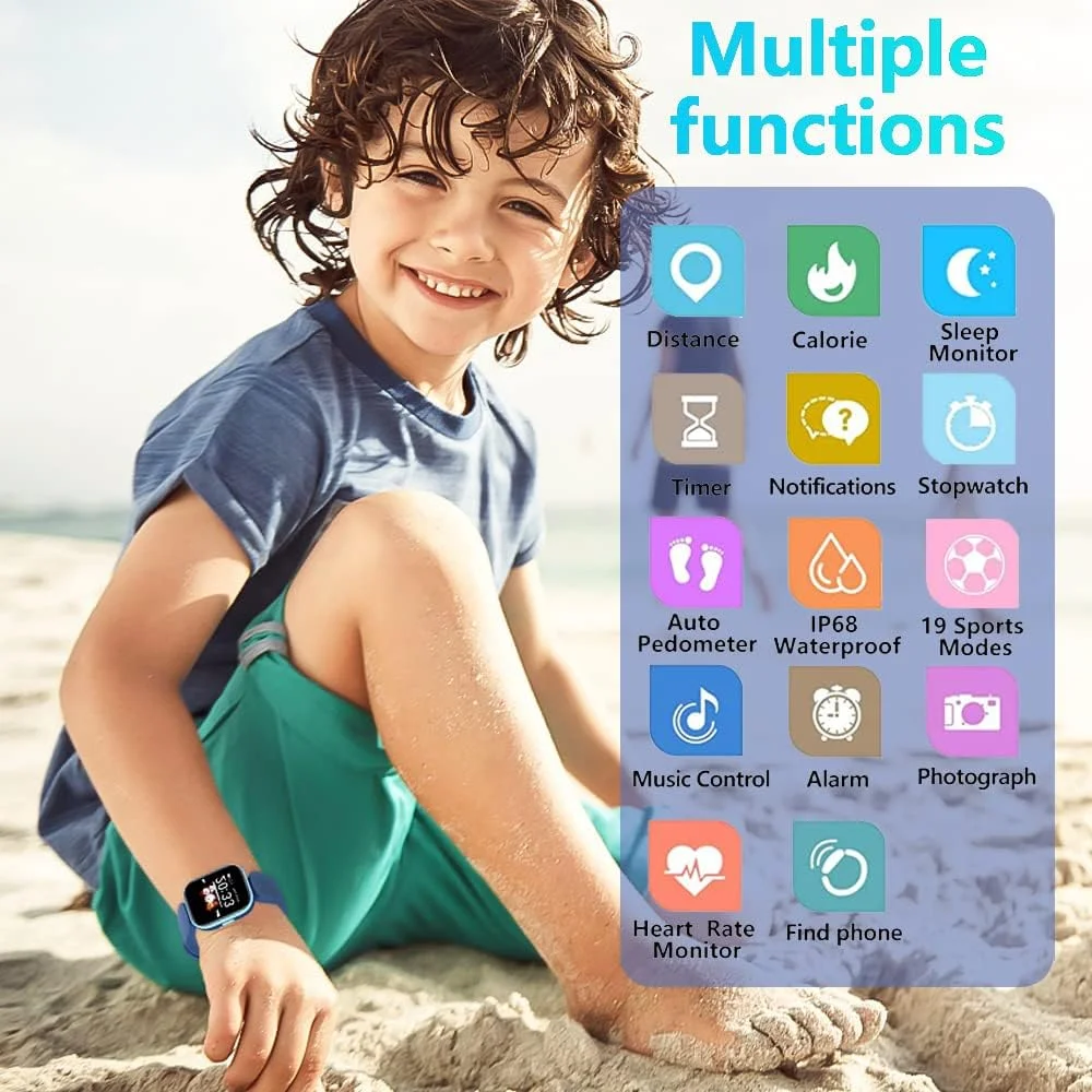 ساعت هوشمند کودکانه برای دختران و پسران، ردیاب تناسب اندام با پایش ضربان قلب و خواب، 19 حالت ورزشی، ردیاب فعالیت با گام شمار و شمارش کالری، ضد آب، ساعت زنگ دار، هدیه کودکانه (صورتی)، USB