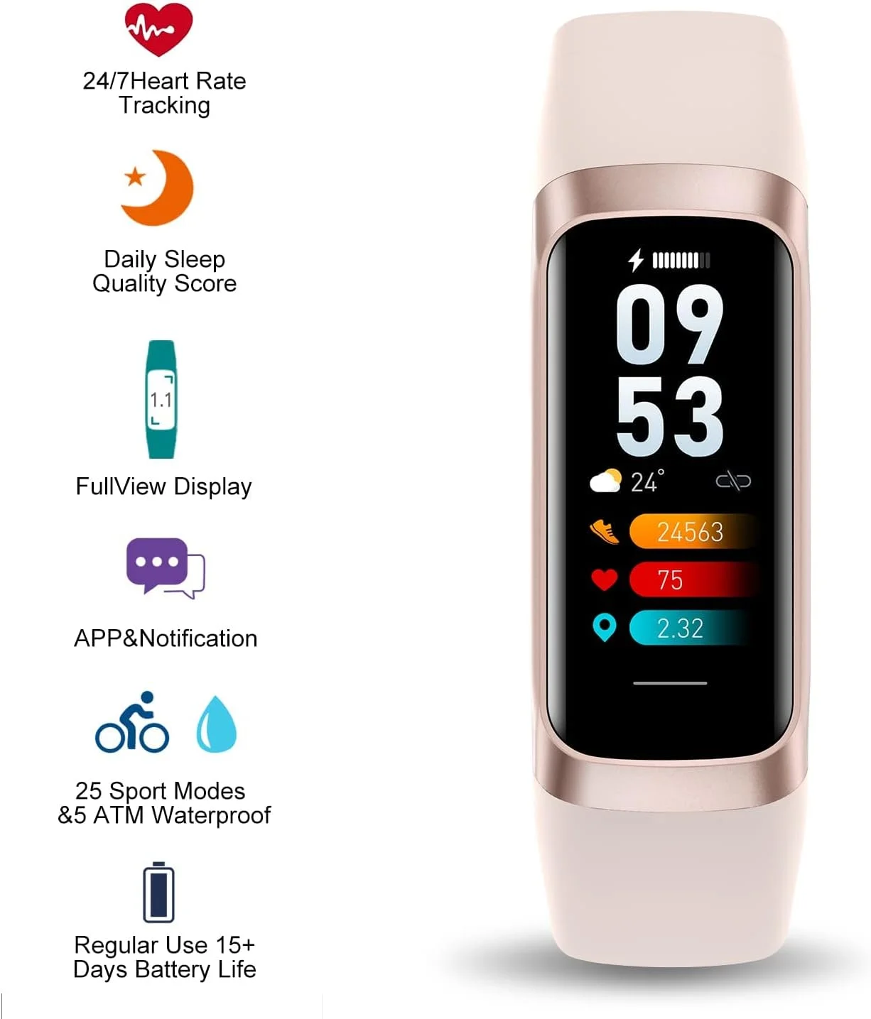 ردیاب تناسب اندام Excefore با صفحه نمایش رنگی 1.1 اینچی AMOLED، ساعت هوشمند، پایش ضربان قلب 24/7، ردیابی داخلی و خارجی، پایش خواب، گام شمار ضد آب 5 ATM برای زنان و مردان