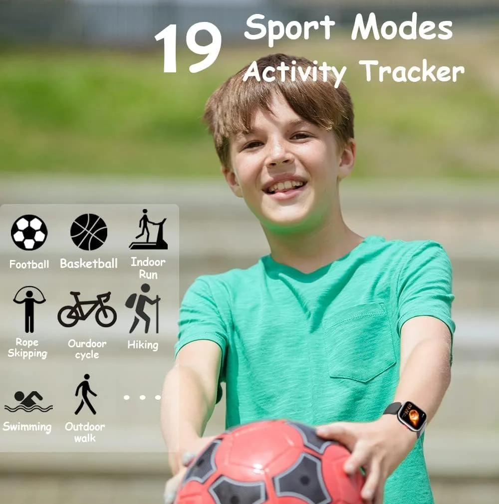ساعت هوشمند کودکانه برای دختران و پسران، ردیاب تناسب اندام با پایش ضربان قلب و خواب، 19 حالت ورزشی، ردیاب فعالیت با گام شمار و شمارش کالری، ضد آب، ساعت زنگ دار، هدیه کودکانه (صورتی)، USB