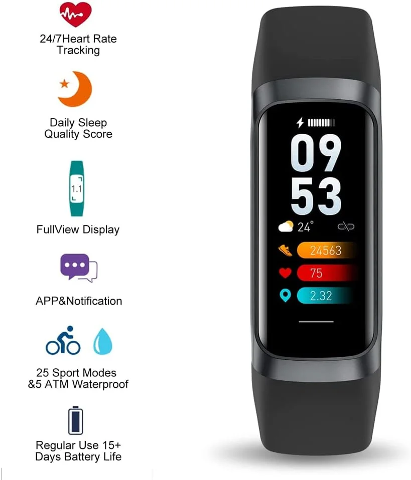 ردیاب سلامتی و تناسب اندام، با صفحه نمایش رنگی 1.1 اینچی AMOLED، پایشگر ضربان قلب 24/7، ردیابی داخلی و خارجی، پایشگر خواب، ضد آب تا 3 اتمسفر، گام شمار برای زنان و مردان (مشکی)