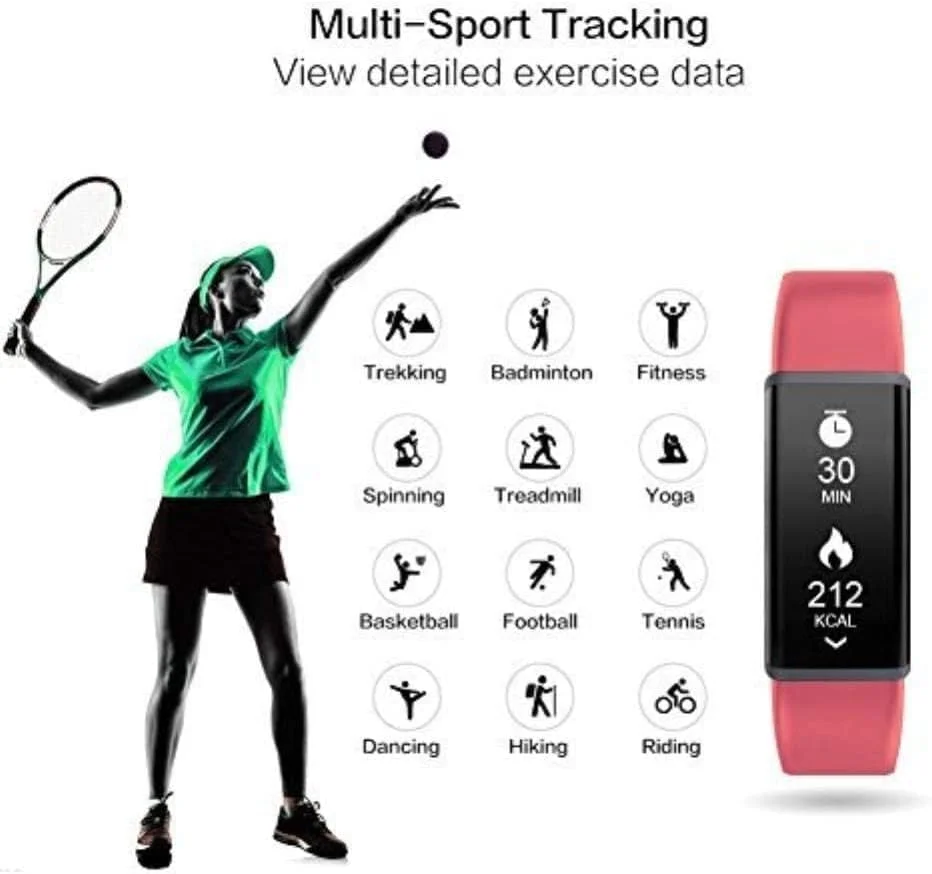 ردیاب تناسب اندام صفحه نمایش رنگی، ردیاب فعالیت با ساعت ضربان قلب، ضد آب IP68، پایش خواب، مچ بند گام شمار برای زنان مردان کودکان، مشکی