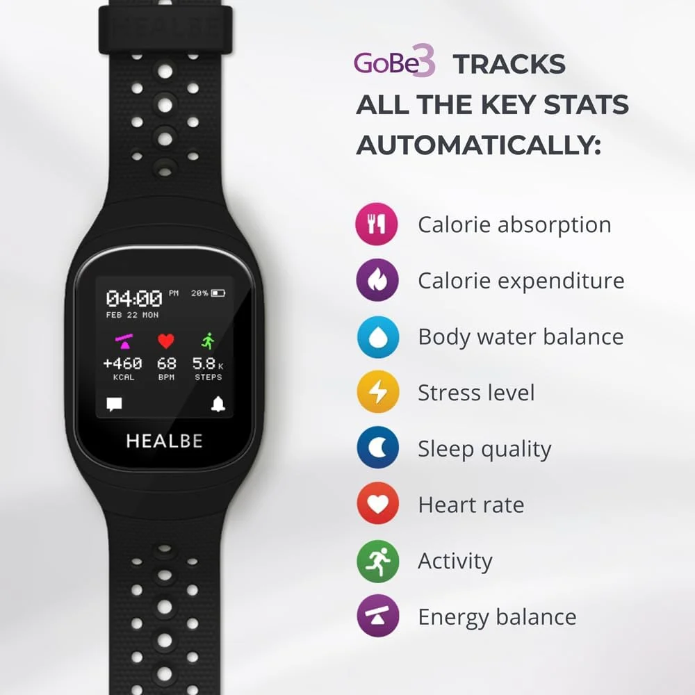 ردیاب سلامتی، تناسب اندام و فعالیت HEALBE GoBe3 با ردیابی خودکار میزان کالری دریافتی و سوزانده شده، تعادل آب، ضربان قلب، خواب، فعالیت عصبی و استرس، با اپلیکیشن رایگان، ابسیدین