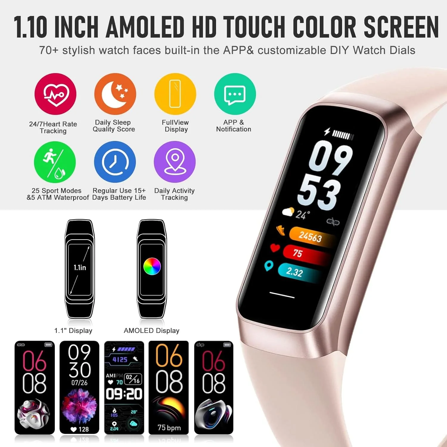 ردیاب تناسب اندام، مچ بند هوشمند ردیاب گام، صفحه نمایش رنگی لمسی 1.1 اینچی AMOLED، مچ بند ضد آب تناسب اندام با مانیتور اکسیژن خون/ضربان قلب/شمارنده گام/زنگ هشدار/تایمر/کالری/مانیتور خواب