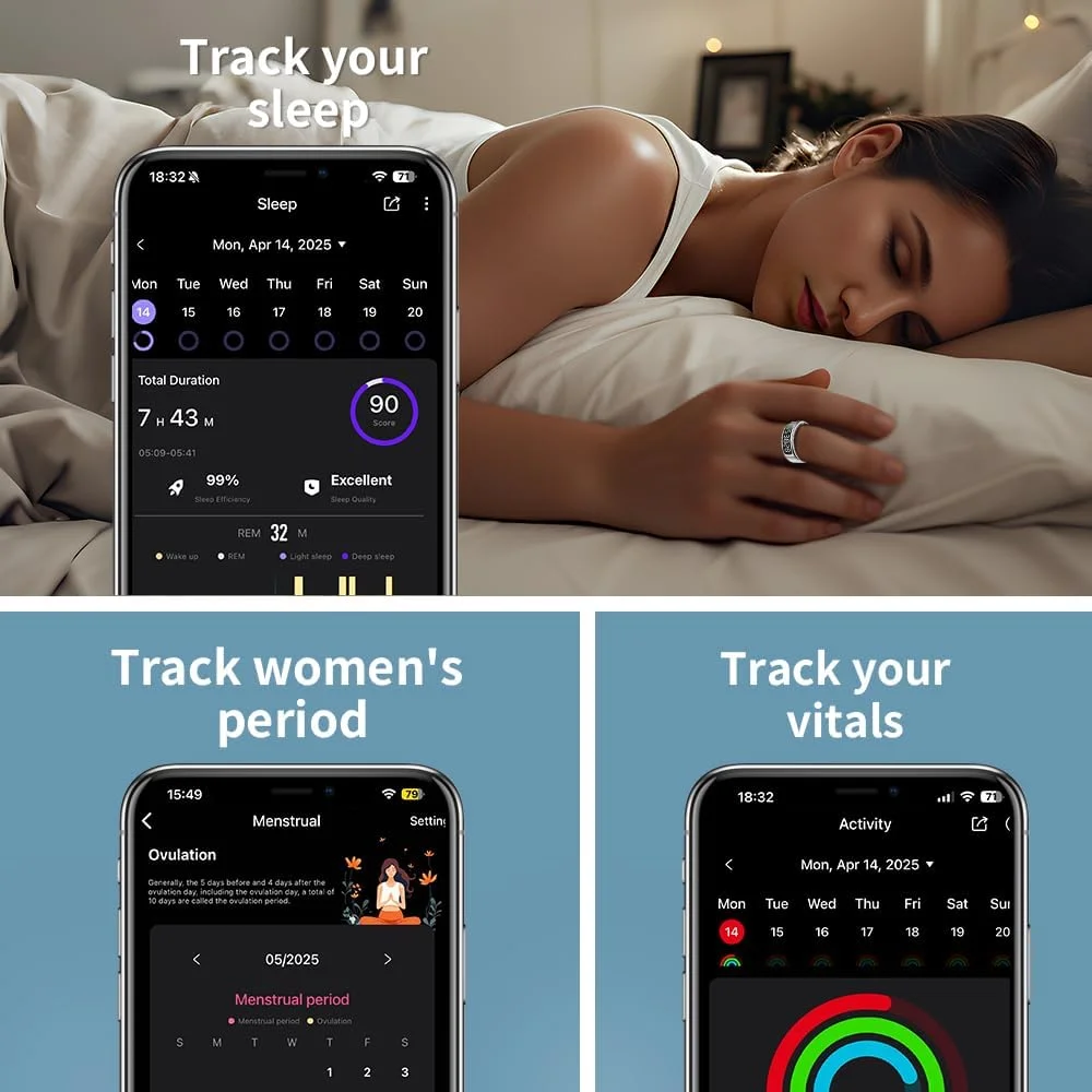 حلقه هوشمند با نمایشگر LCD - حلقه ردیاب خواب با کنترل لمسی و شمارشگر ضربان قلب/اکسیژن خون/گام شمار، پایه شارژ بی سیم، ردیاب تناسب اندام ضد آب 5ATM، بدون هزینه اشتراک (نقره ای، 9)