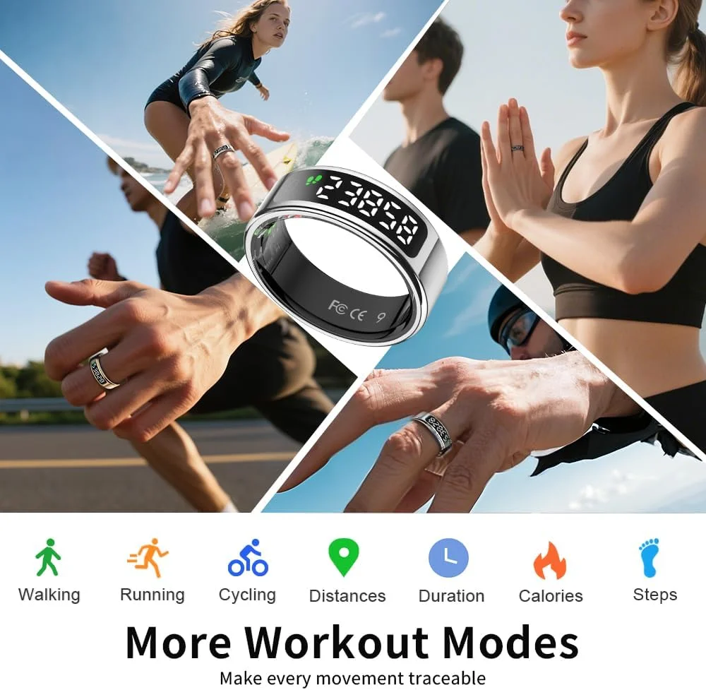 حلقه هوشمند با نمایشگر LCD - حلقه ردیاب خواب با کنترل لمسی و شمارشگر ضربان قلب/اکسیژن خون/گام شمار، پایه شارژ بی سیم، ردیاب تناسب اندام ضد آب 5ATM، بدون هزینه اشتراک (نقره ای، 9)