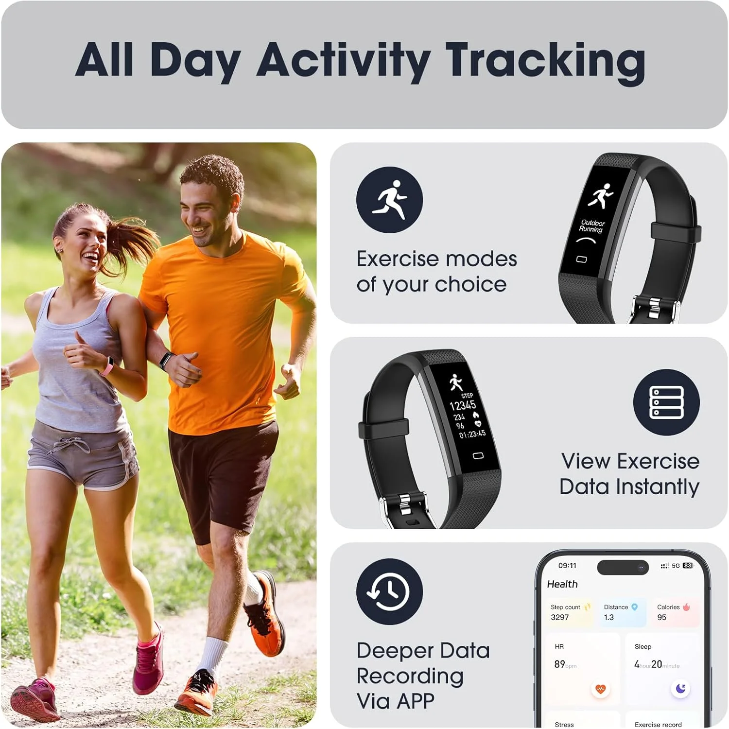 ردیاب تناسب اندام کومل، ردیاب فعالیت با نمایشگر ضربان قلب، گام شمار ضد آب با گام شمار، پایش خواب، ردیابی کالری برای زنان و مردان - مشکی