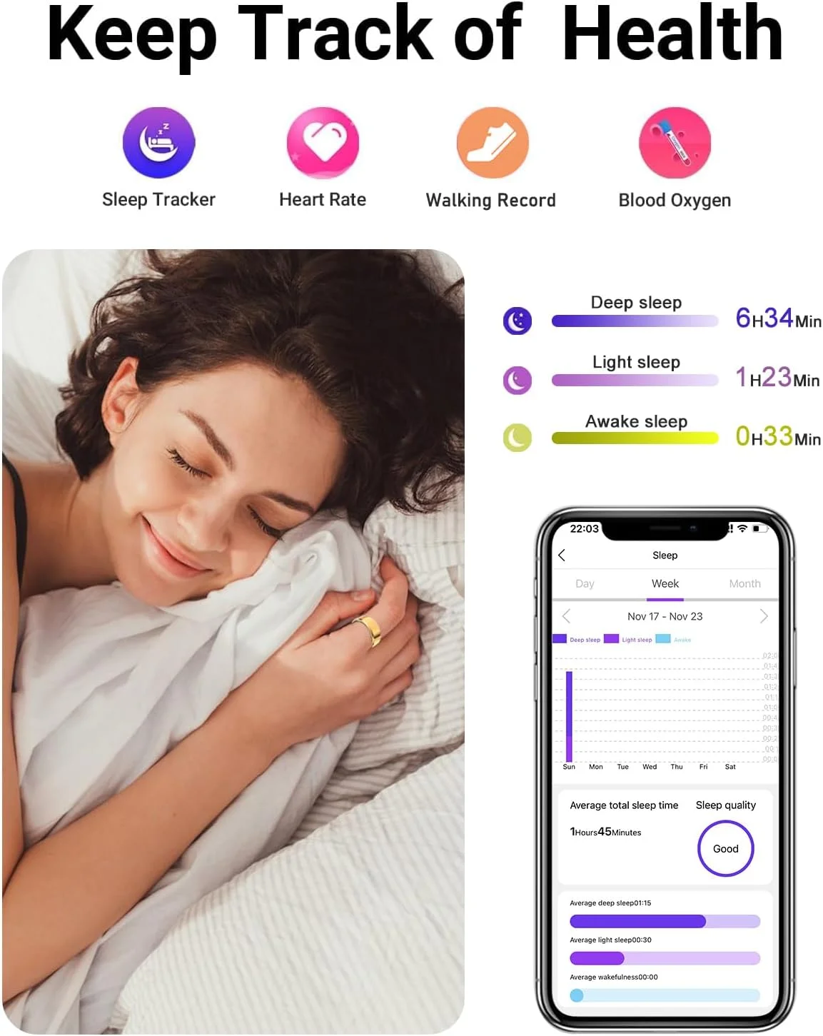 حلقه هوشمند ردیاب سلامتی برای زنان و مردان - حلقه ضدآب IP68 تناسب اندام با ردیاب خواب/ضربان قلب/فشار خون/اکسیژن خون/شمارش گام/کالری برای iOS و Android، بدون هزینه اشتراک