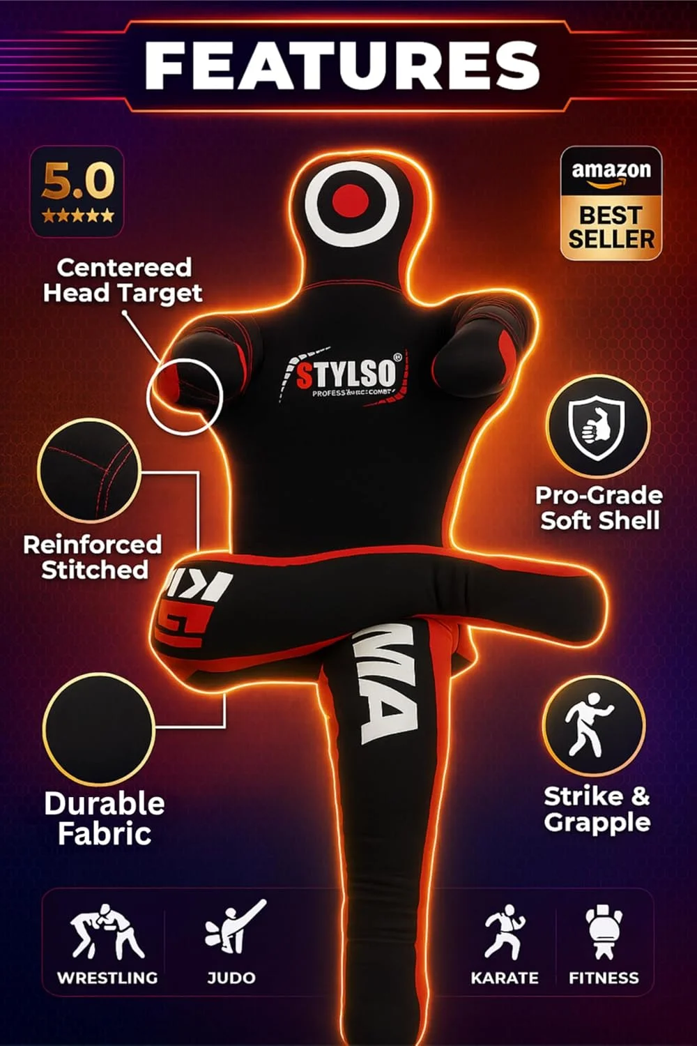 مانکن تمرینی کشتی - مانکن تمرین فنون رزمی - مناسب تمرینات جوجیتسو، هنرهای رزمی ترکیبی، جودو، کاراته - بدون فیلر - نشسته - سایز: 152 سانتی متر (مشکی - آبی - قرمز - زرد)