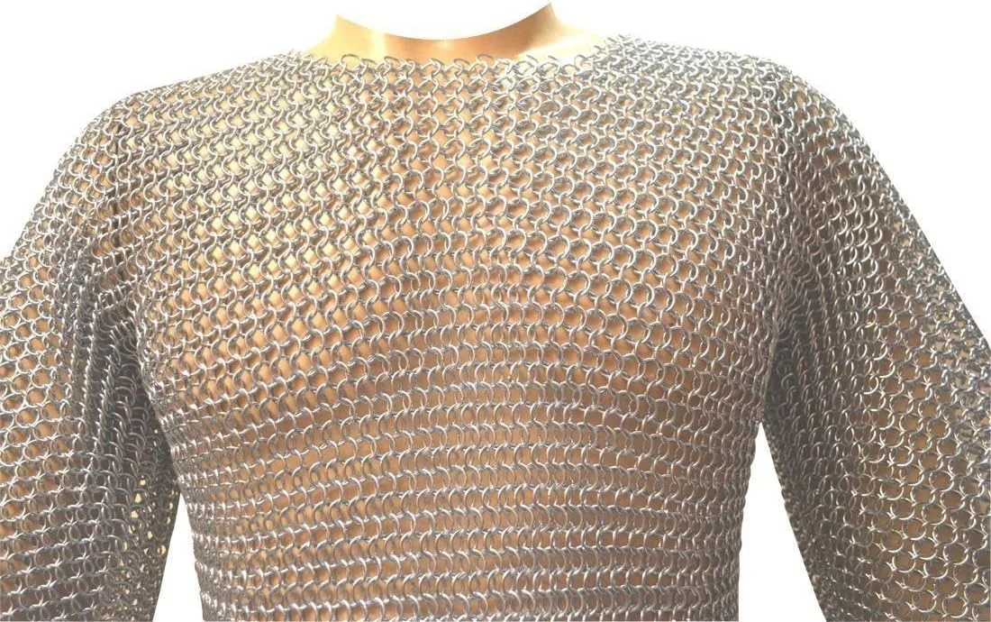 نیم تنه زره زنجیری آستین کوتاه AnNafi® | زره زنجیری آلومینیومی با حلقه های 10 میلی متری نقره ای | لباس قرون وسطایی | زره SCA