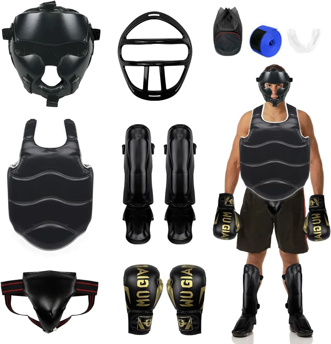 ست 9 تکه لوازم تکواندو و بوکس، ست لوازم محافظ کاراته و بوکس برای جوانان، دستکش بوکس و محافظ پا
