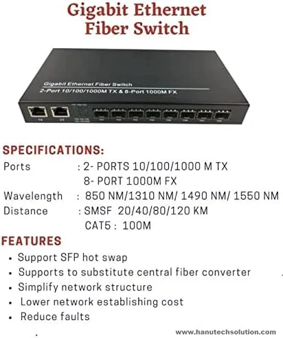 سوئیچ فیبر نوری گیگابیتی هانوتک 8 پورت غیر مدیریتی - 2 پورت RJ45 10/100/1000Mbps + 8 پورت اسلات SFP با پشتیبانی از 1.25G (بدون ماژول SFP)