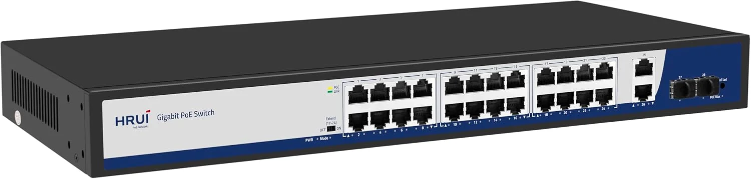 سوئیچ 24 پورت 10/100/1000M با 2 پورت آپلینک گیگابیتی اترنت + پورت های فیبر SFP، پشتیبانی از IEEE802.3af/at، هر پورت 15.4W/30W، سوئیچ Plug and Play
