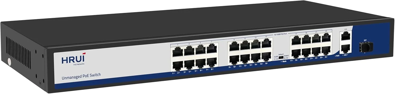 سوئیچ 24 پورت 10/100M با 2 پورت آپلینک گیگابیتی اترنت + 1 پورت آپلینک گیگابیتی SFP فیبر، پشتیبانی از IEEE802.3af/at، هر پورت 15.4W/30W، سوئیچ Plug and Play