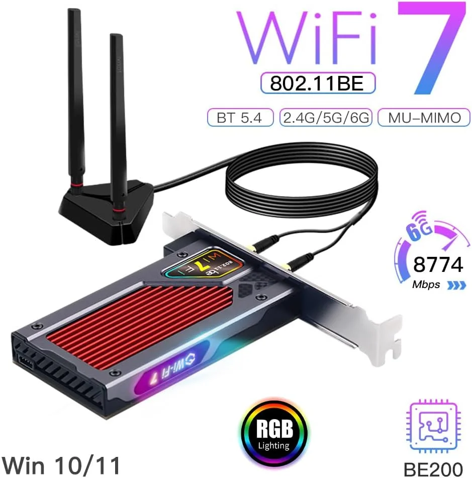کارت شبکه دسکتاپ Fenvi WFi 7 RGB Light PCI-E WiFi BE200 BT5.4 Tri-Band 8774Mbps 802.11BE BE200NGW جایگزین کارت WiFi 6/WiFi 6E شما، پشتیبانی از ویندوز 10/11، فقط برای مادربردهای اینتل کارت شبکه دسکتاپ Fenvi WFi 7 RGB Light PCI-E WiFi BE200 BT5.4 Tri-Band 8774Mbps 802.11BE BE200NGW جایگزین کارت WiFi 6/WiFi 6E شما، پشتیبانی از ویندوز 10/11، فقط برای مادربردهای اینتل