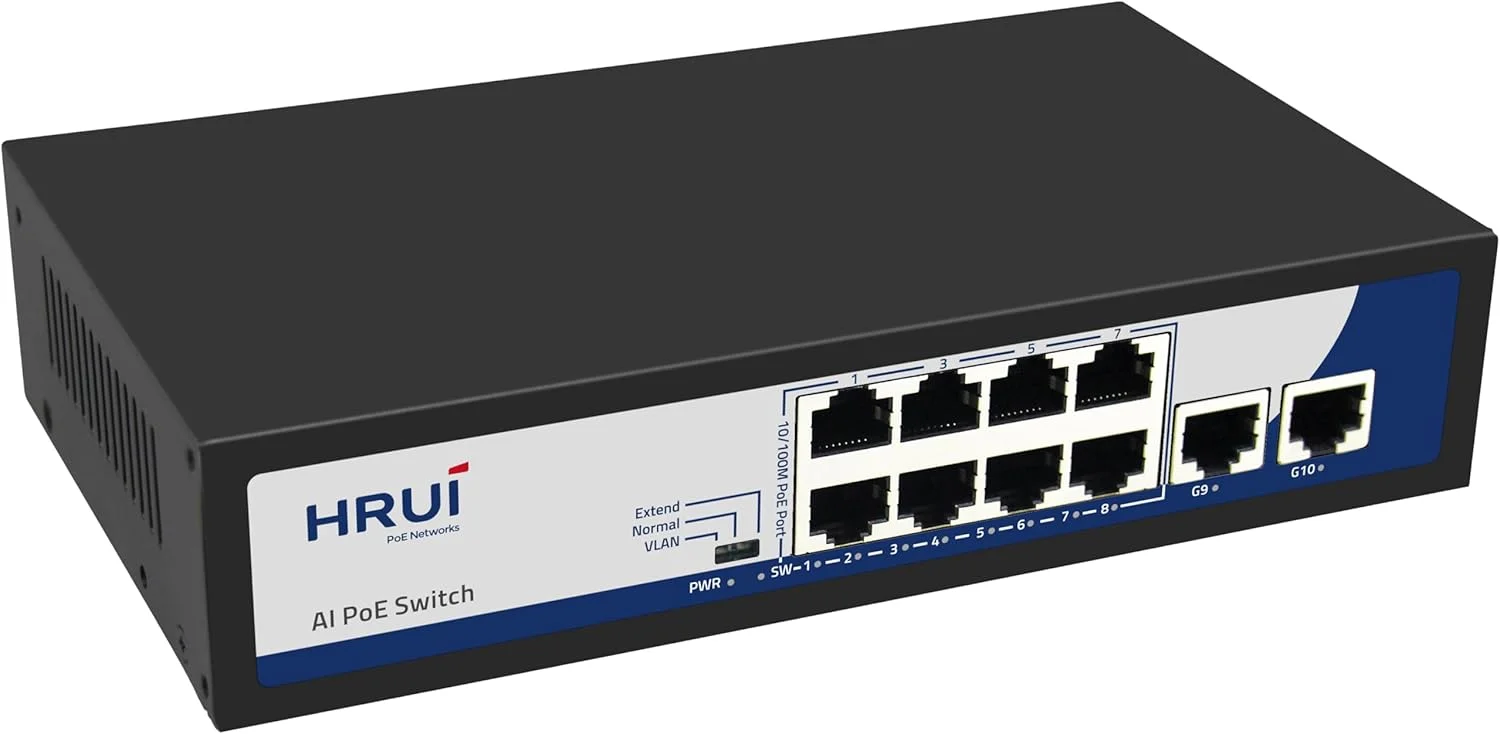 سوئیچ POE با 8 پورت 10/100M و 2 پورت آپلینک گیگابیتی اترنت، استاندارد AF/AT، هر پورت 15.4W/30W، منبع تغذیه داخلی 52V2.3A 120W، سوئیچ شبکه Plug and Play