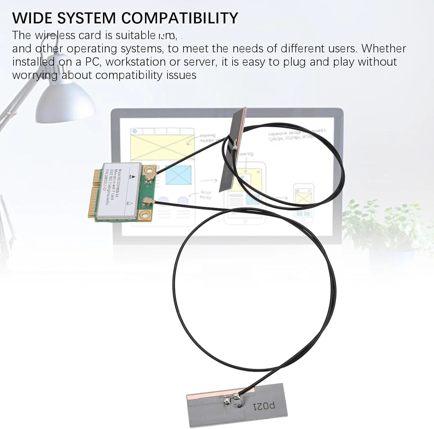 کارت شبکه وایرلس سه بانده WiFi 7 Mini PCI-E با سرعت 8774 مگابیت بر ثانیه (2.4/5/6 گیگاهرتز) با MU-MIMO و BT 5.4 برای کامپیوتر رومیزی و لپ تاپ - سازگار با ویندوز 10/11 و Chrome OS (همراه با آنتن)