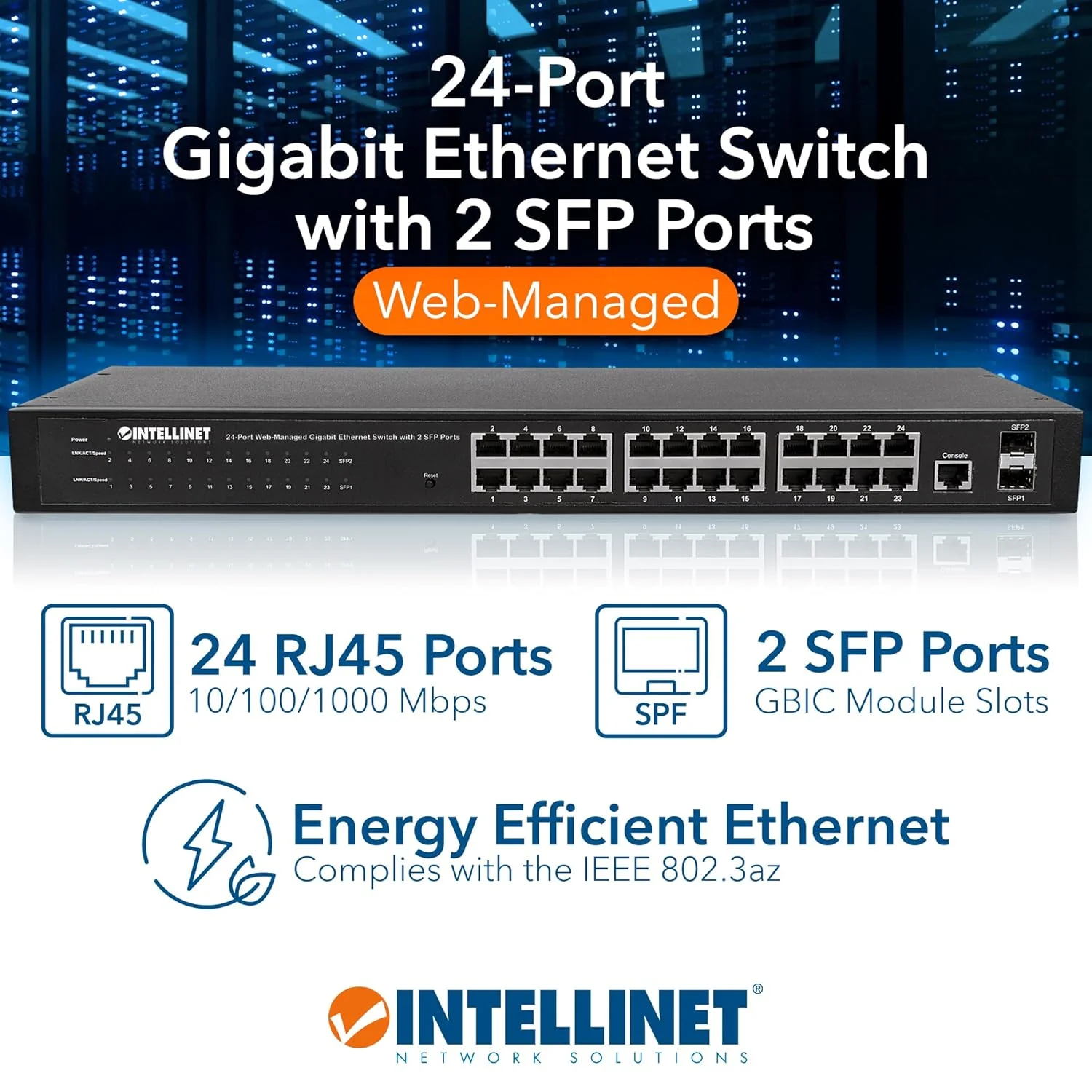 سوئیچ اترنت گیگابیتی تحت وب اینتلی‌نت با 24 پورت و 2 پورت SFP - 24 پورت - قابل مدیریت - 2 اسلات توسعه - 1000Base-T, 1000Base-X - 24, 2 پورت شبکه، اسلات توسعه - Twisted