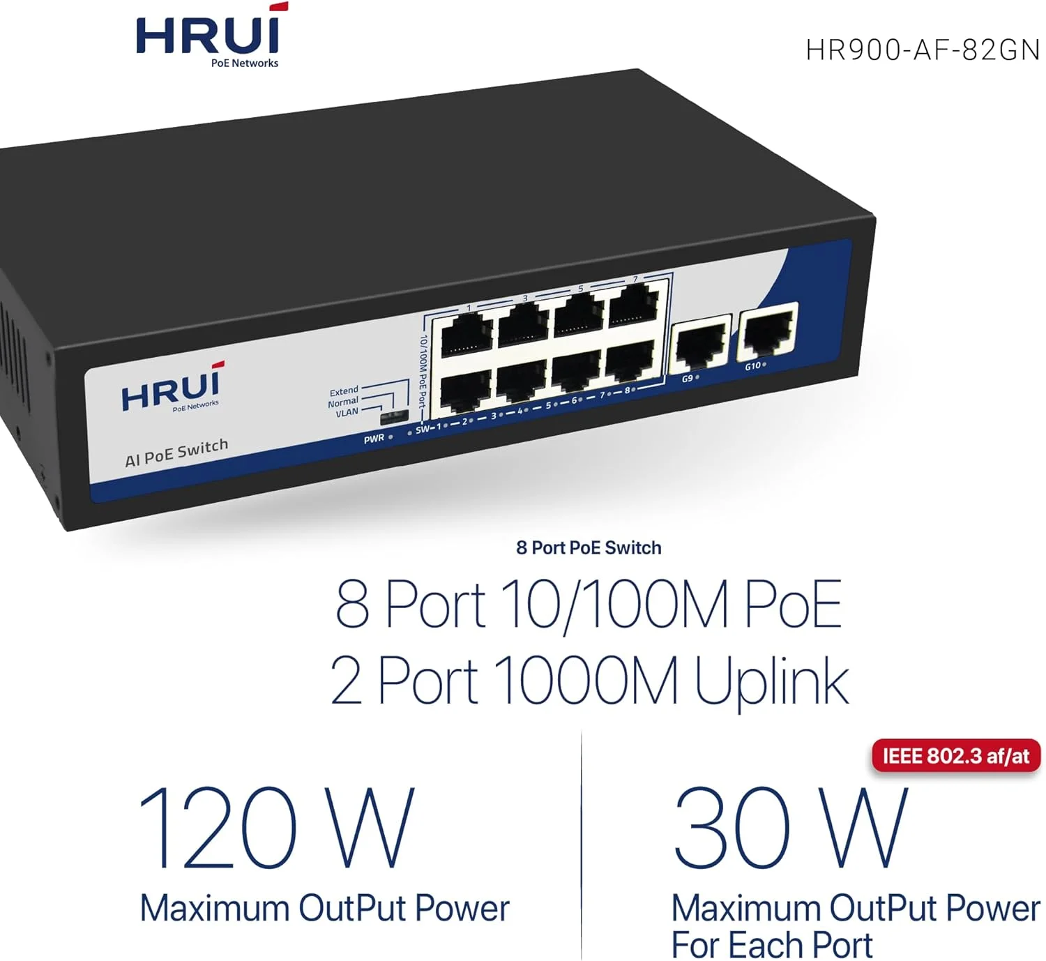 سوئیچ POE با 8 پورت 10/100M و 2 پورت آپلینک گیگابیتی اترنت، استاندارد AF/AT، هر پورت 15.4W/30W، منبع تغذیه داخلی 52V2.3A 120W، سوئیچ شبکه Plug and Play سوئیچ POE با 8 پورت 10/100M و 2 پورت آپلینک گیگابیتی اترنت، استاندارد AF/AT، هر پورت 15.4W/30W، منبع تغذیه داخلی 52V2.3A 120W، سوئیچ شبکه Plug and Play