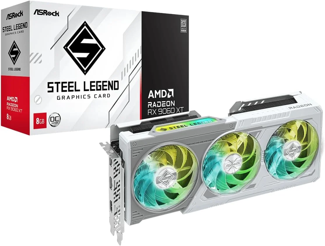 کارت گرافیک ASRock Radeon RX 9060 XT Steel Legend با 8 گیگابایت حافظه GDDR6 OC | بوست 3320 مگاهرتز | سه فن خنک کننده | خنک کننده 0dB | صفحه پشتی فلزی | PCIe 5.0 | DisplayPort 2.1a, HDMI 2.1b کارت گرافیک ASRock Radeon RX 9060 XT Steel Legend با 8 گیگابایت حافظه GDDR6 OC | بوست 3320 مگاهرتز | سه فن خنک کننده | خنک کننده 0dB | صفحه پشتی فلزی | PCIe 5.0 | DisplayPort 2.1a, HDMI 2.1b