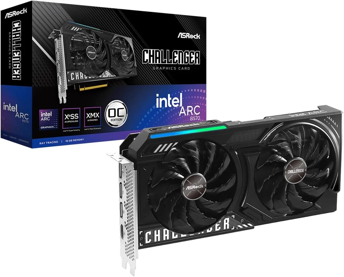 کارت گرافیک ASRock Intel Arc B570 Challenger 10GB OC 2600 مگاهرتز 19 گیگابیت بر ثانیه GDDR6 160 بیت 7680 x 4320 600W خنک کننده دوگانه فن 0dB