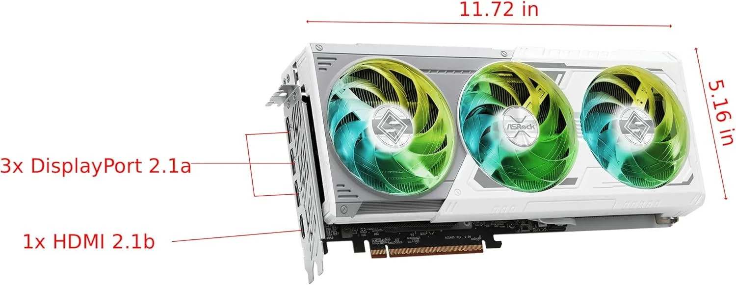 کارت گرافیک ASRock AMD Radeon RX 9070 XT Steel Legend 16GB سفید با حافظه GDDR6 20Gbps 256Bit (نسل سوم RT و نسل دوم شتاب‌دهنده‌های AI) PCIe5.0 800W 2x8-pin سه فن DP2.1a HDMI2.1b اسلات 2.9